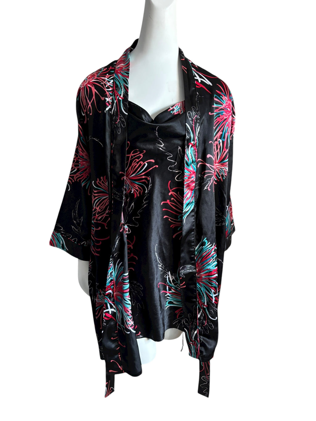 Black Floral Print Satin Robe Kimono & Cami Slip Dress Set Size S/M