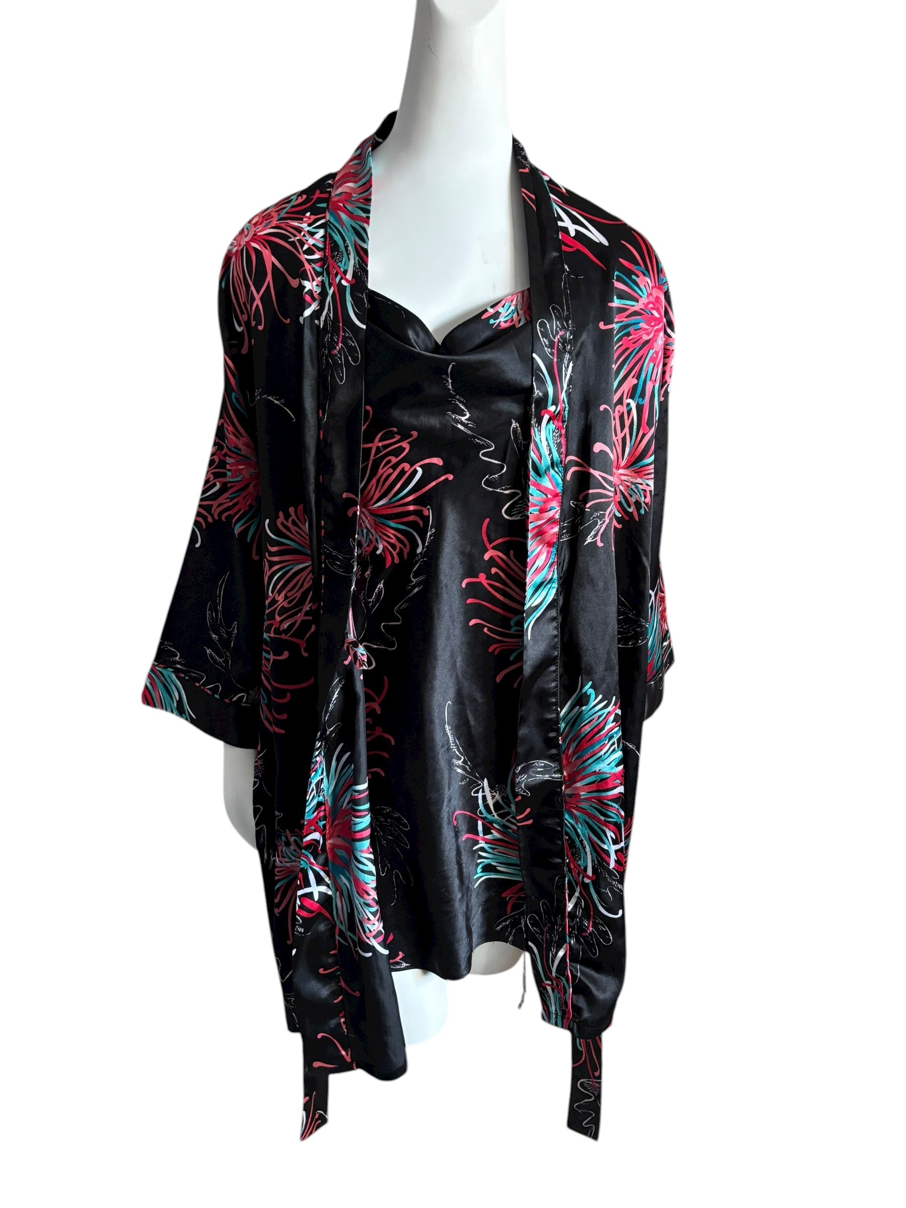 Black Floral Print Satin Robe Kimono & Cami Slip Dress Set Size S/M