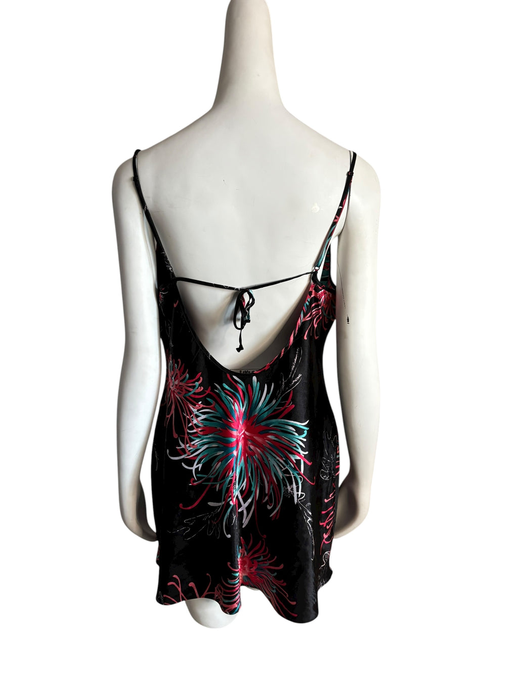 Black Floral Print Satin Robe Kimono & Cami Slip Dress Set Size S/M