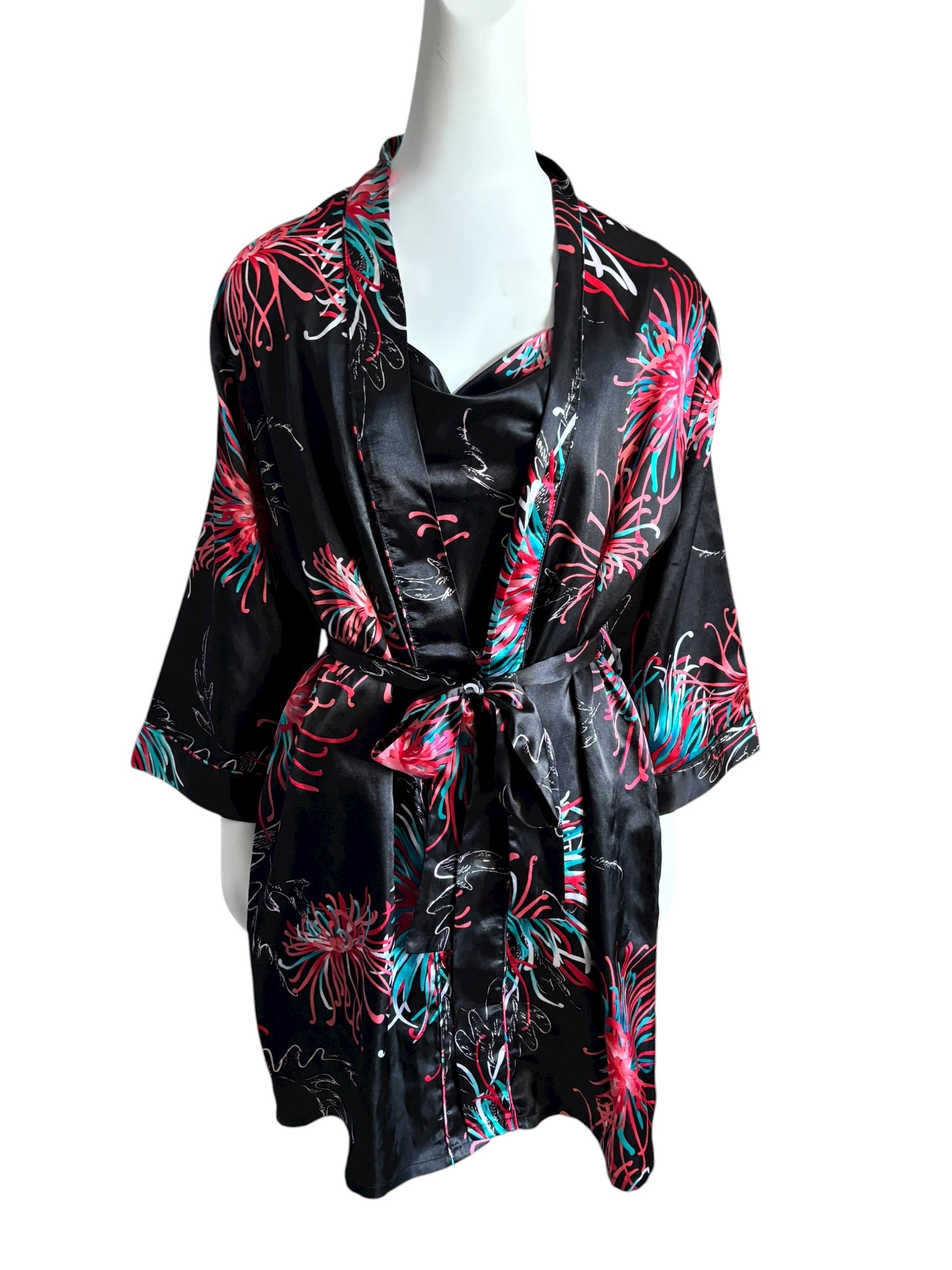 Black Floral Print Satin Robe Kimono & Cami Slip Dress Set Size S/M