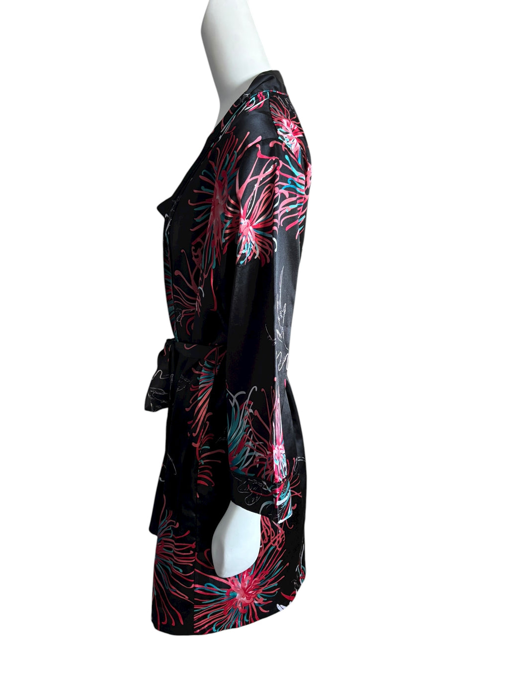 Black Floral Print Satin Robe Kimono & Cami Slip Dress Set Size S/M