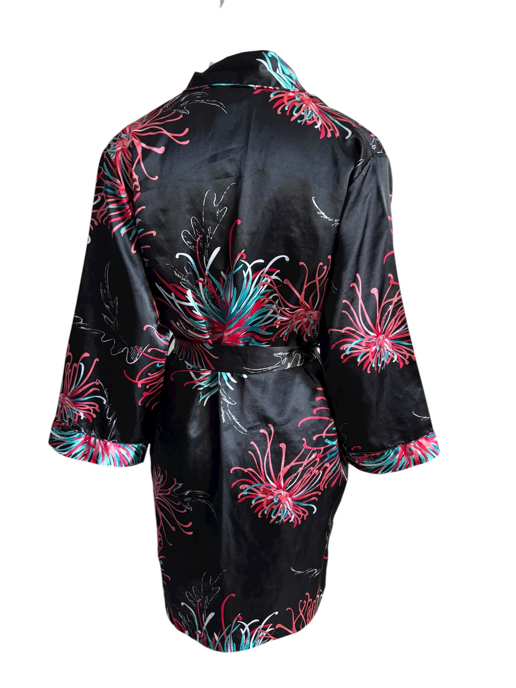 Black Floral Print Satin Robe Kimono & Cami Slip Dress Set Size S/M