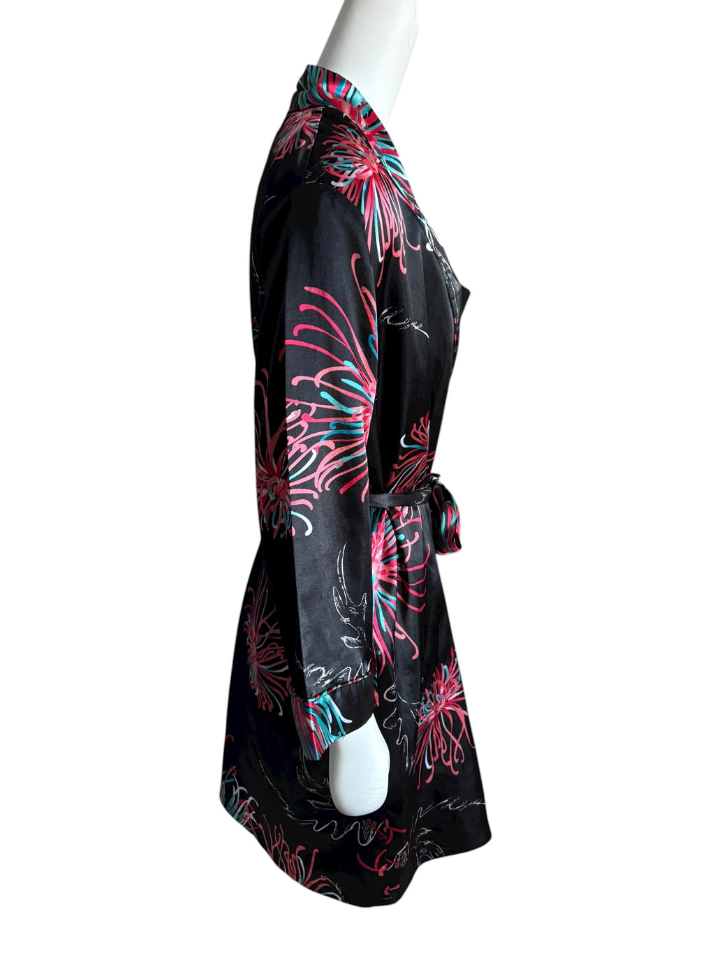 Black Floral Print Satin Robe Kimono & Cami Slip Dress Set Size S/M