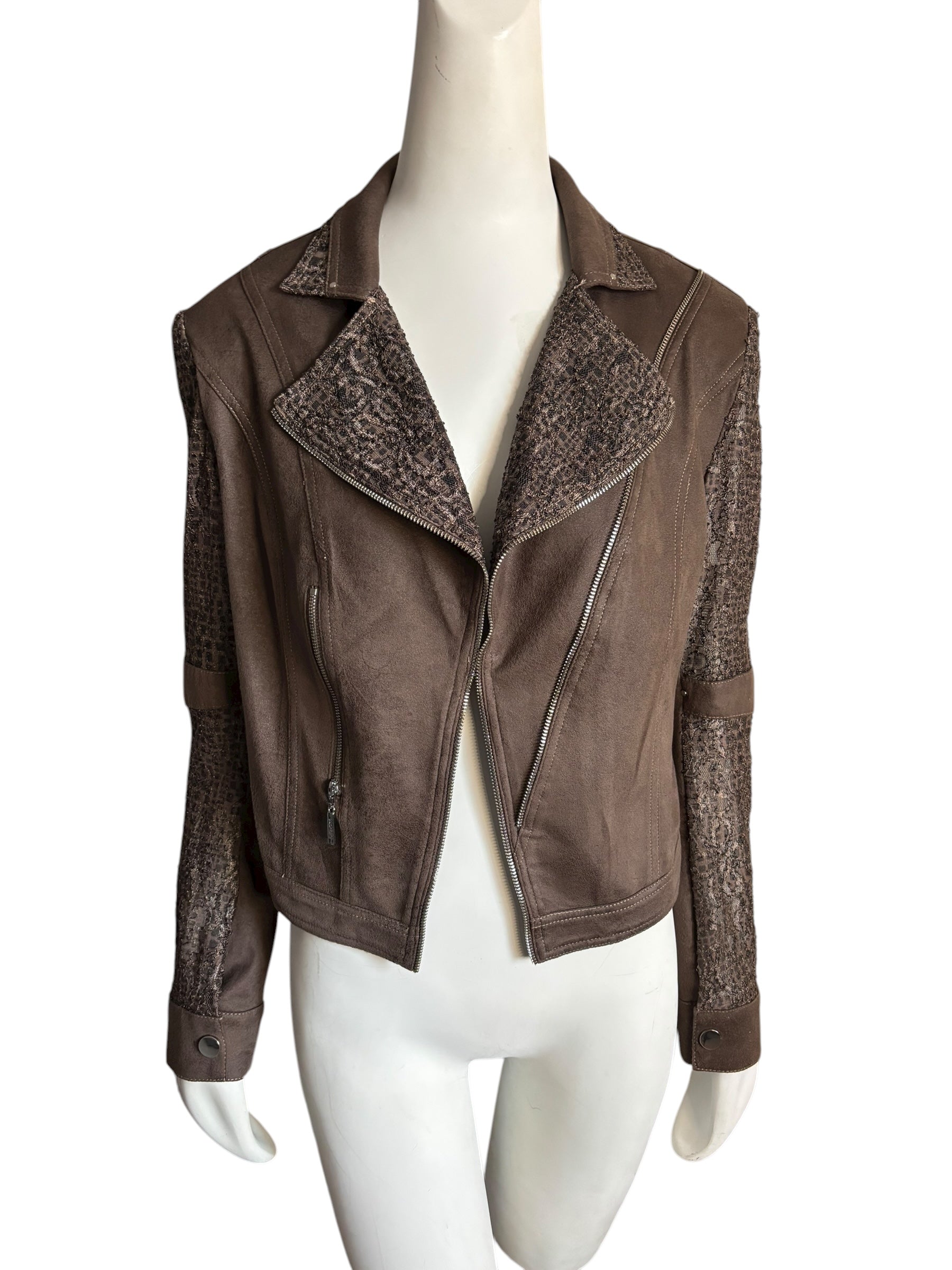 Joseph Ribkoff  Brown Faux Suede & Zipper Moto Jacket Sequin Lace Panel Size M