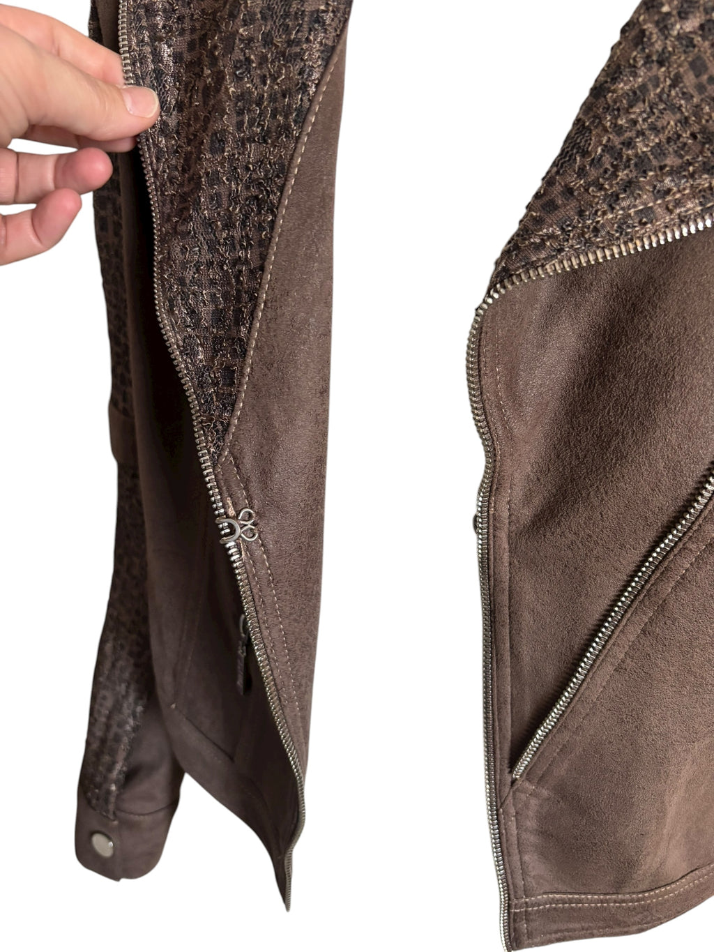 Joseph Ribkoff  Brown Faux Suede & Zipper Moto Jacket Sequin Lace Panel Size M