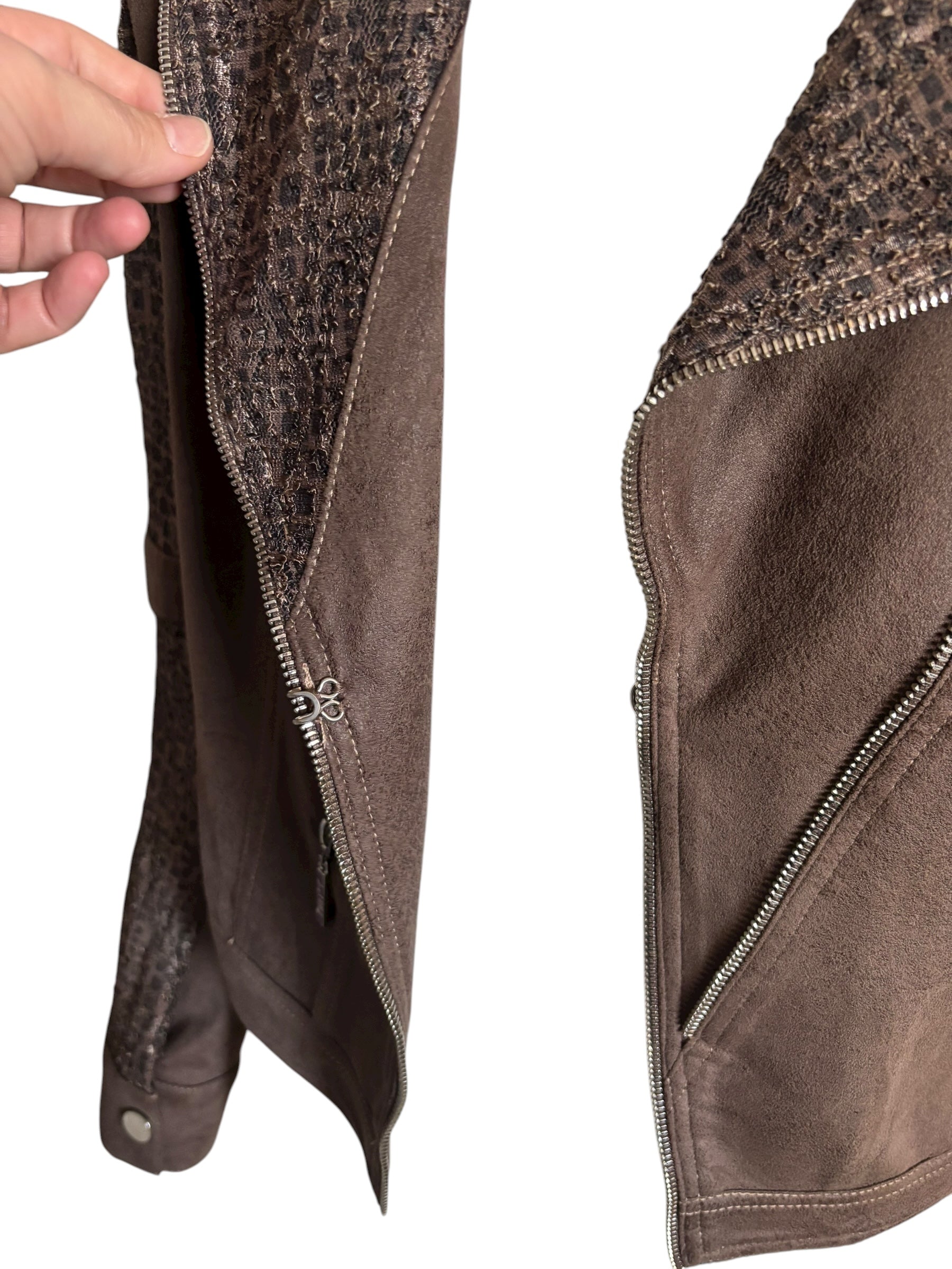 Joseph Ribkoff  Brown Faux Suede & Zipper Moto Jacket Sequin Lace Panel Size M