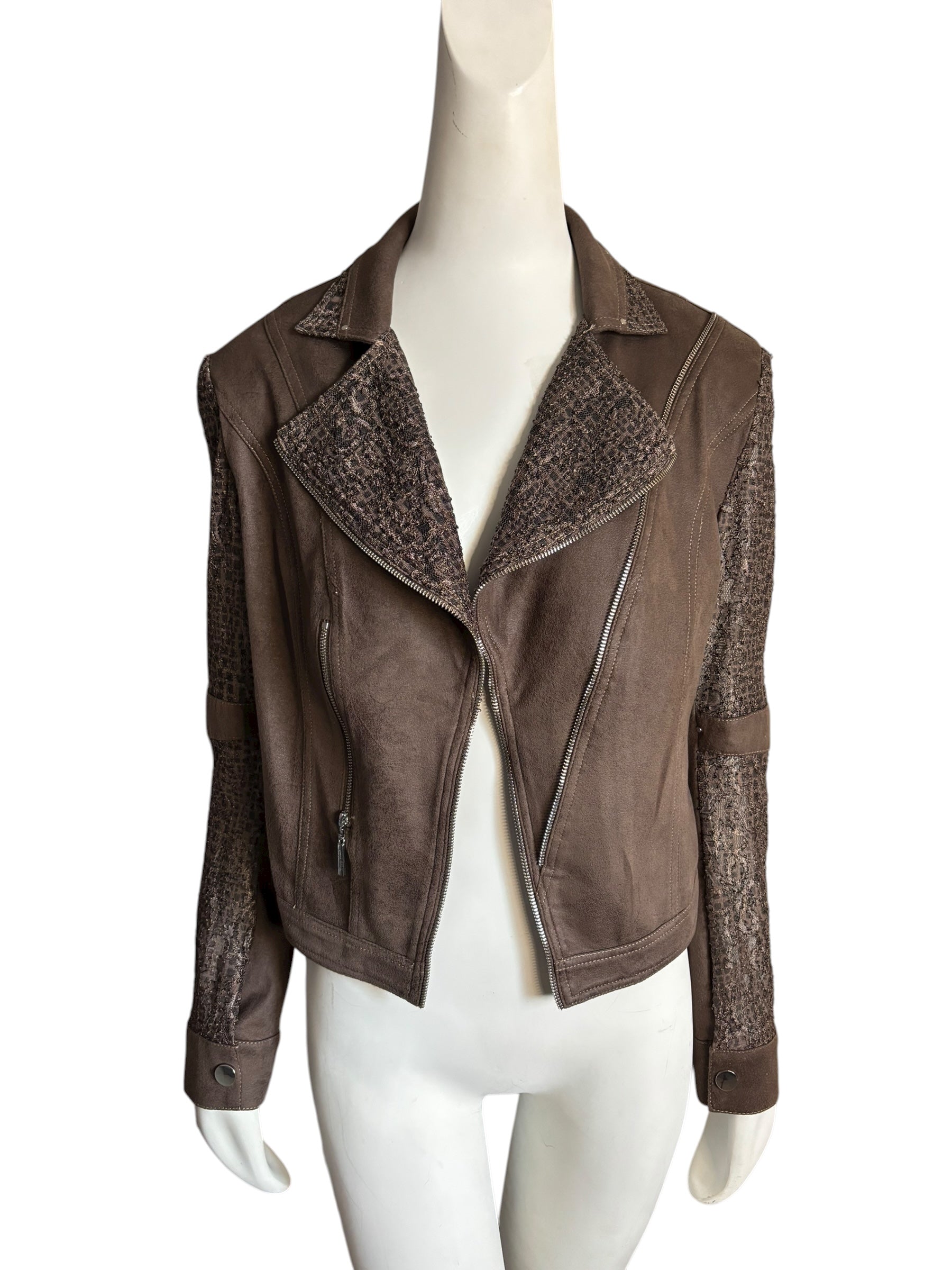 Joseph Ribkoff  Brown Faux Suede & Zipper Moto Jacket Sequin Lace Panel Size M