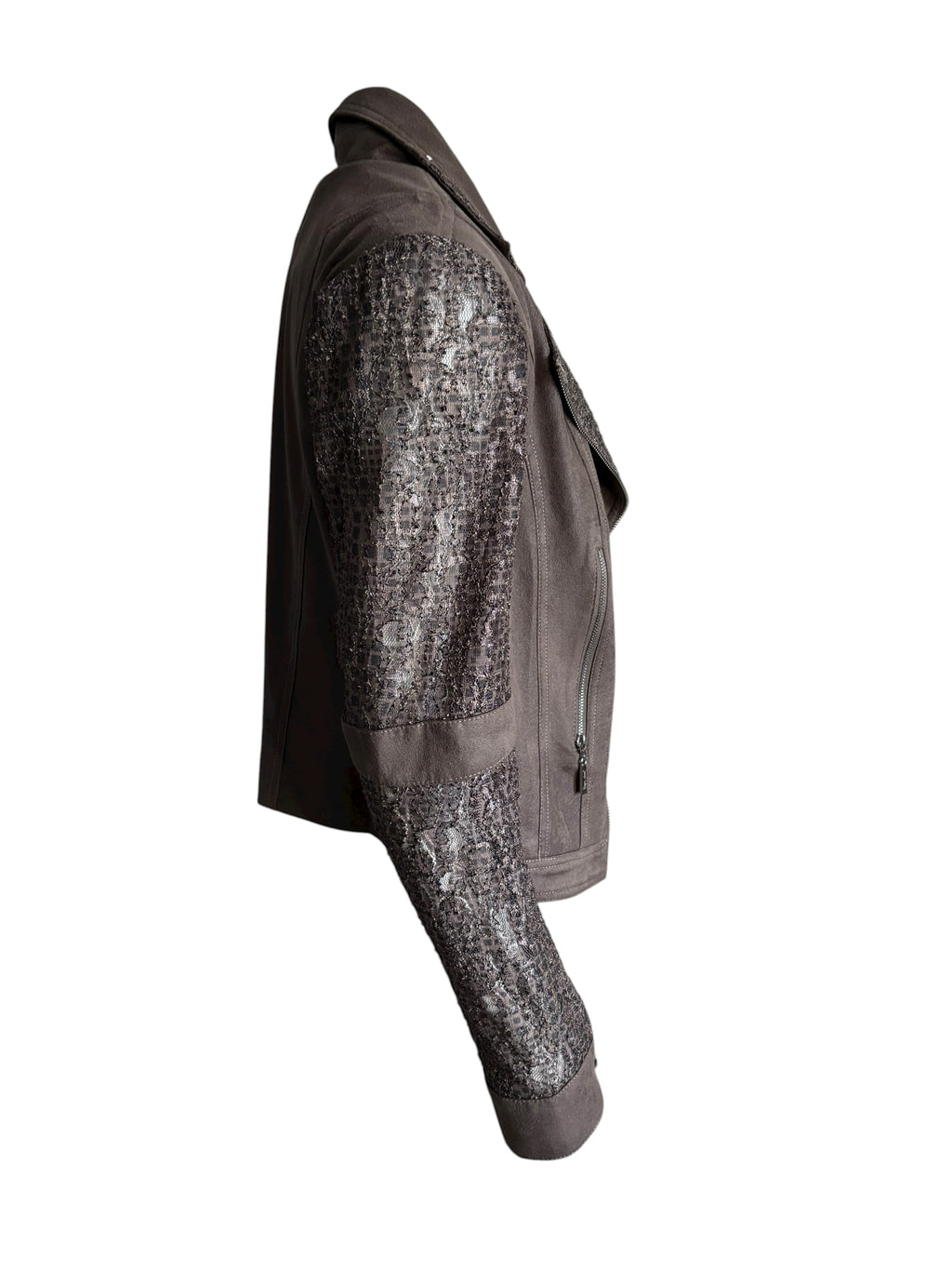 Joseph Ribkoff  Brown Faux Suede & Zipper Moto Jacket Sequin Lace Panel Size M