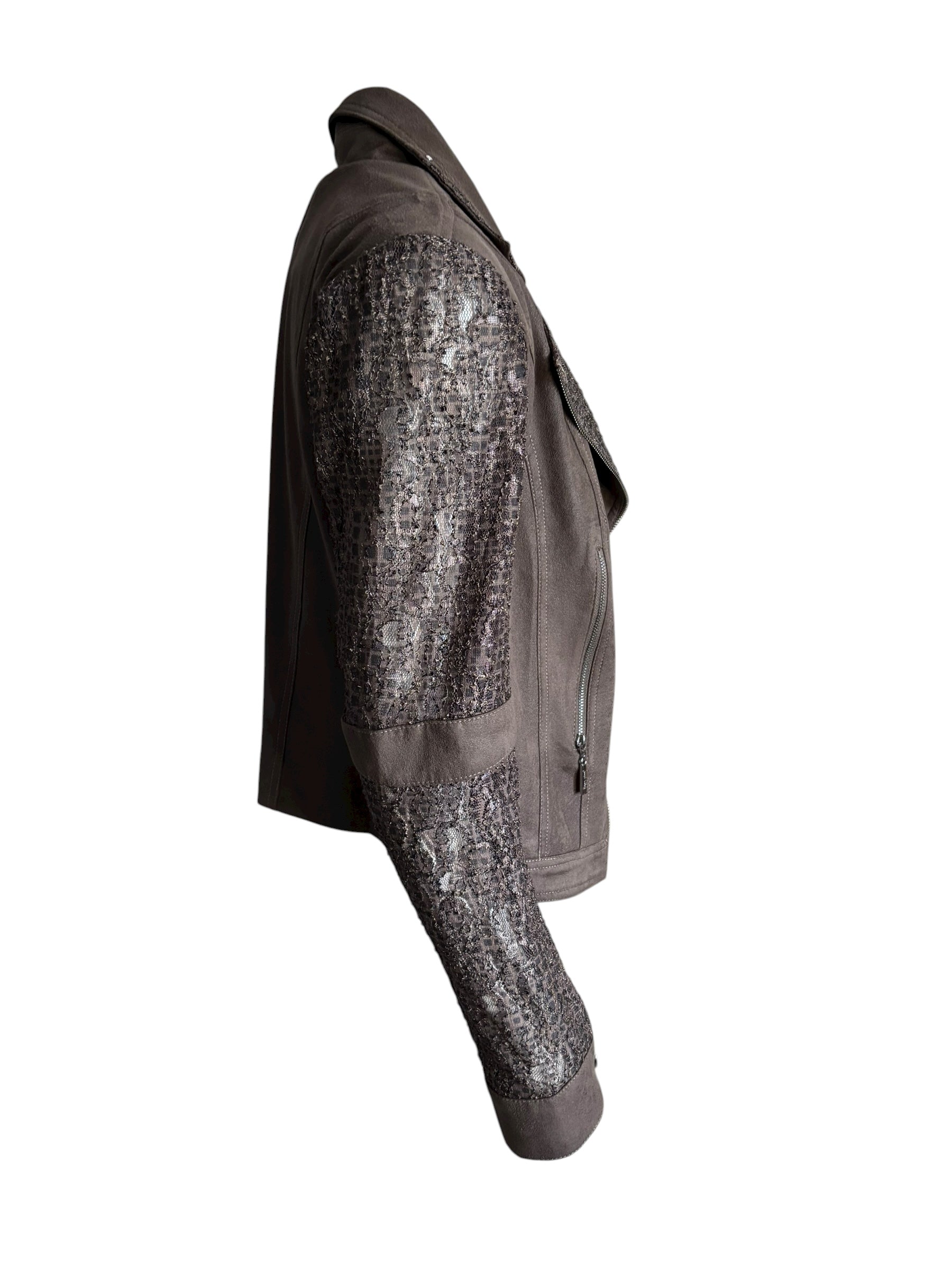 Joseph Ribkoff  Brown Faux Suede & Zipper Moto Jacket Sequin Lace Panel Size M