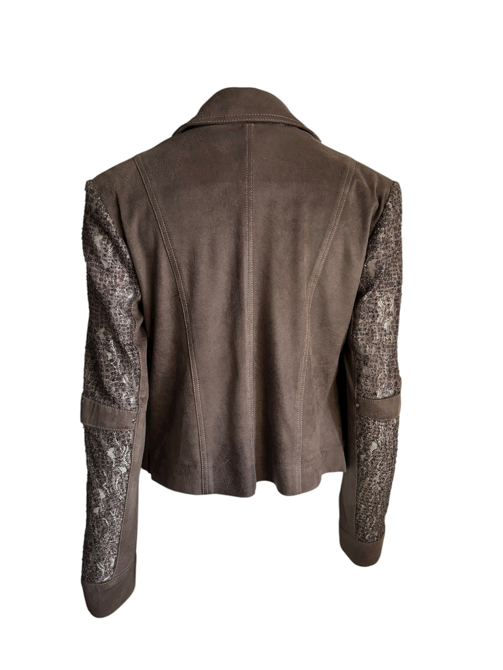 Joseph Ribkoff  Brown Faux Suede & Zipper Moto Jacket Sequin Lace Panel Size M