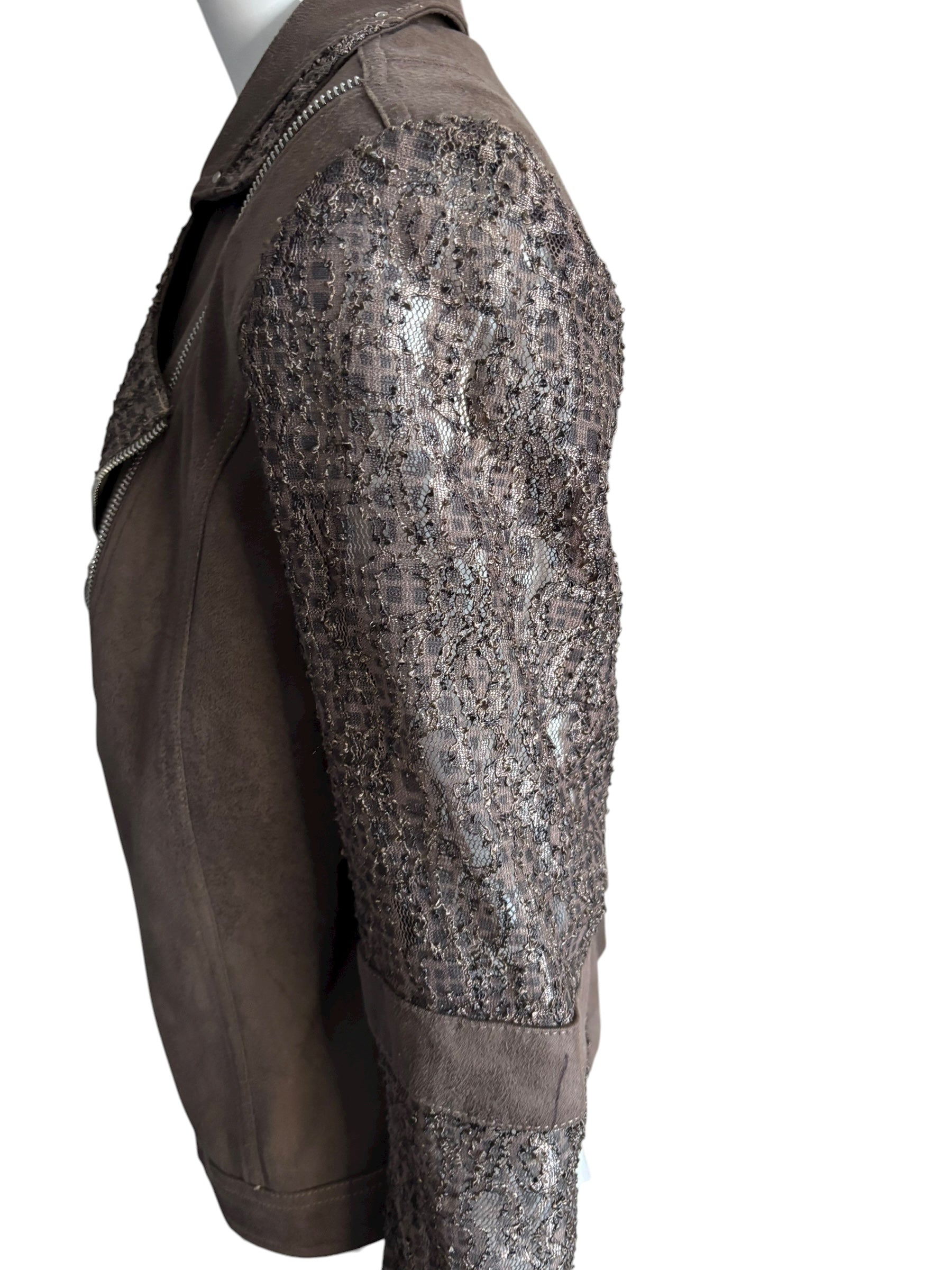 Joseph Ribkoff  Brown Faux Suede & Zipper Moto Jacket Sequin Lace Panel Size M