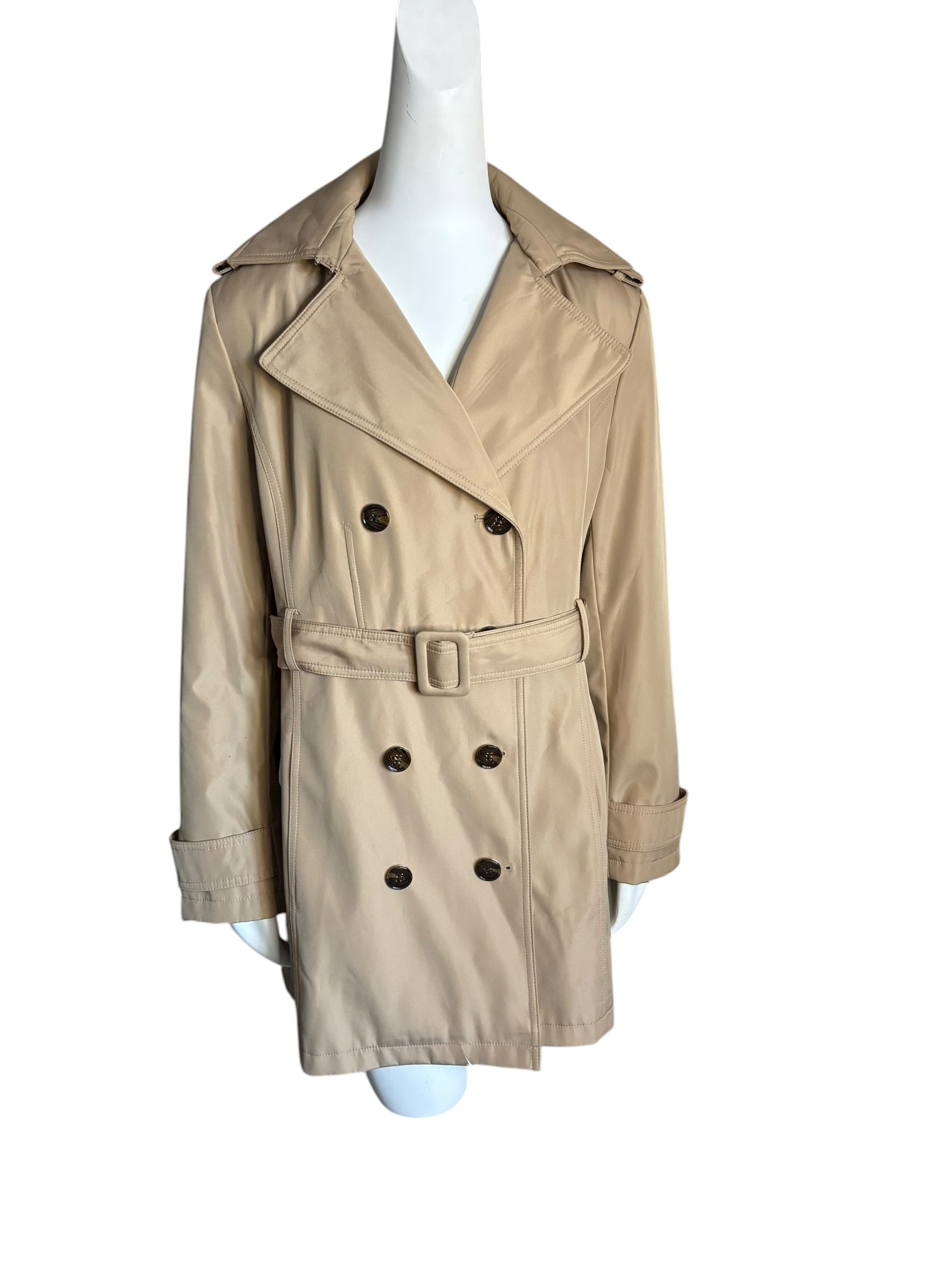 Calvin Klein Women Beige Hooded Double Breasted Belted Trench Coat Size L