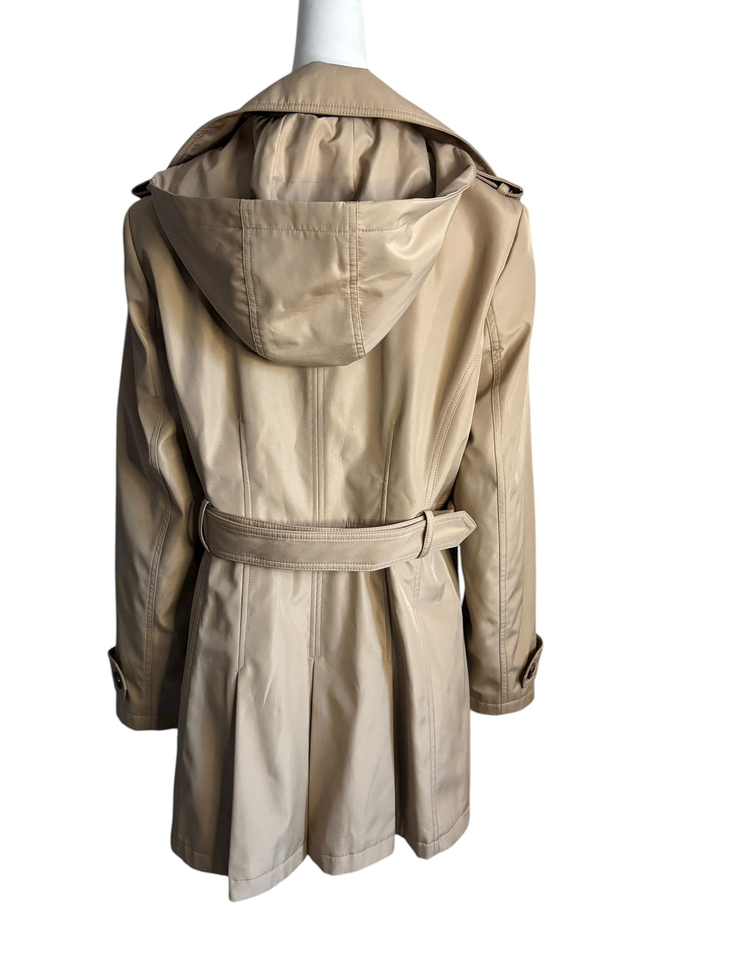 Calvin Klein Women Beige Hooded Double Breasted Belted Trench Coat Size L