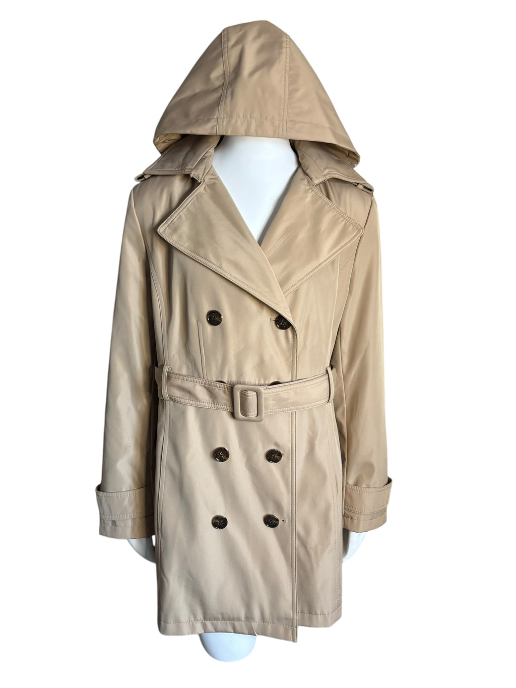 Calvin Klein Women Beige Hooded Double Breasted Belted Trench Coat Size L