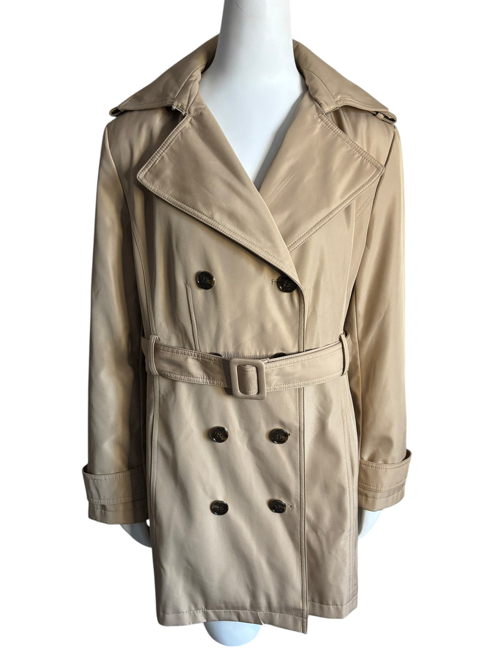 Calvin Klein Women Beige Hooded Double Breasted Belted Trench Coat Size L