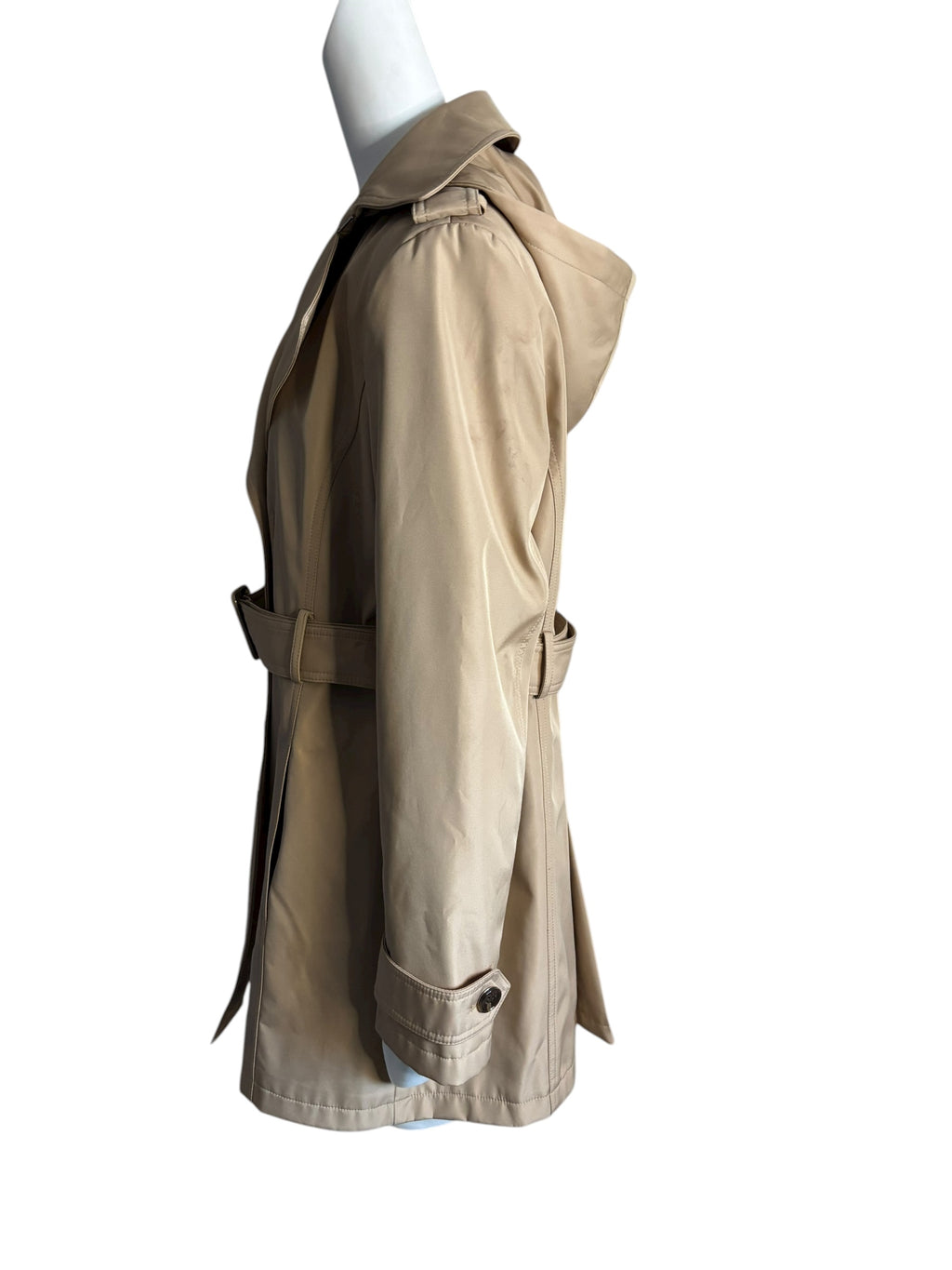 Calvin Klein Women Beige Hooded Double Breasted Belted Trench Coat Size L