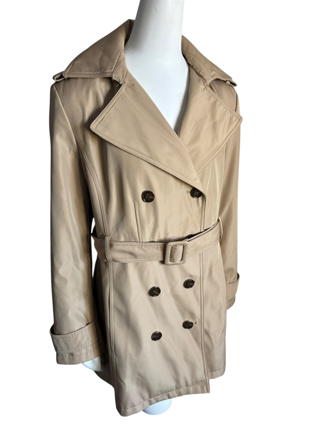 Calvin Klein Women Beige Hooded Double Breasted Belted Trench Coat Size L