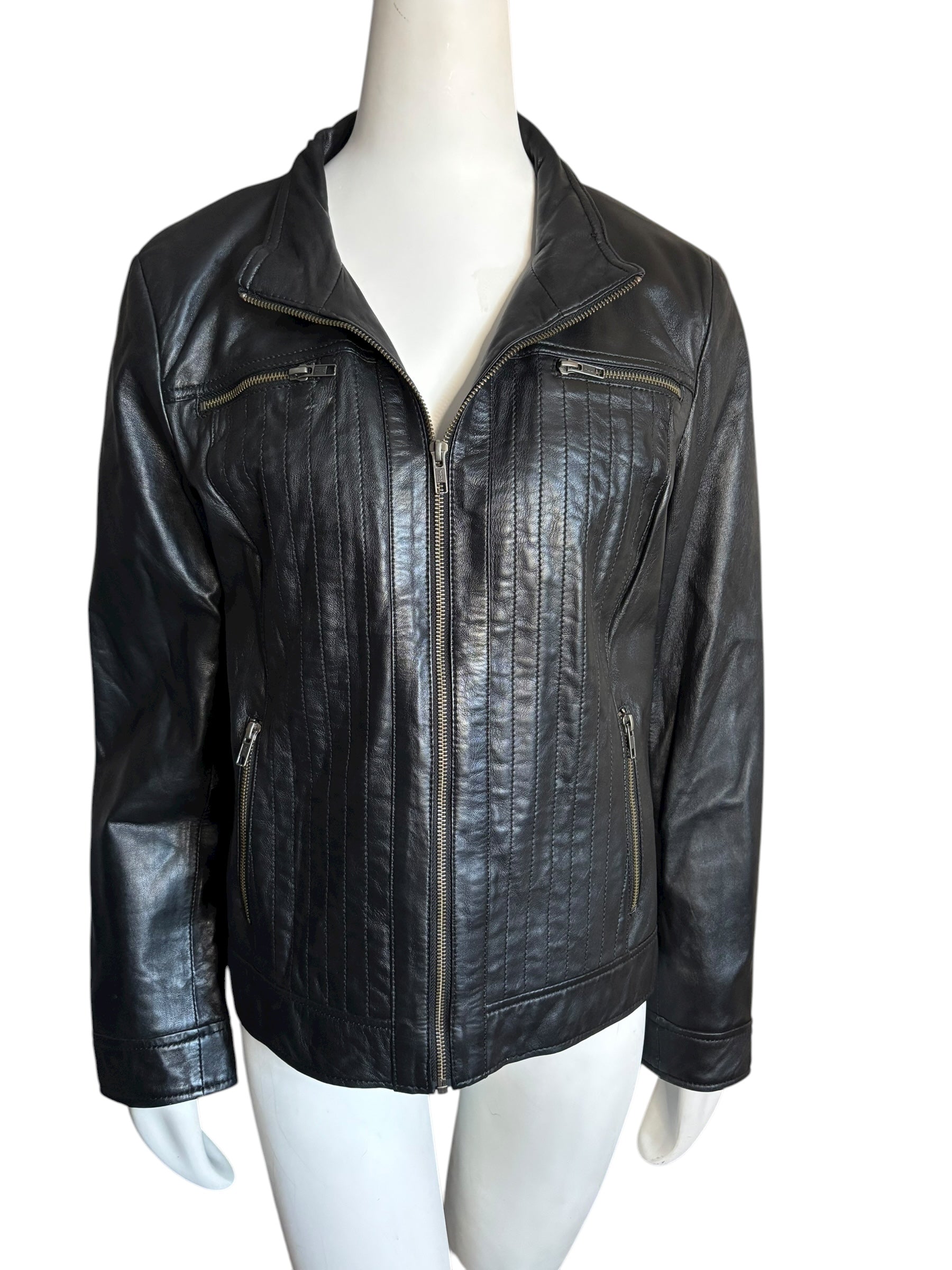 DANIER Black Genuine Leather Moto Jacket Zip Pockets Detailed Stitching Size L