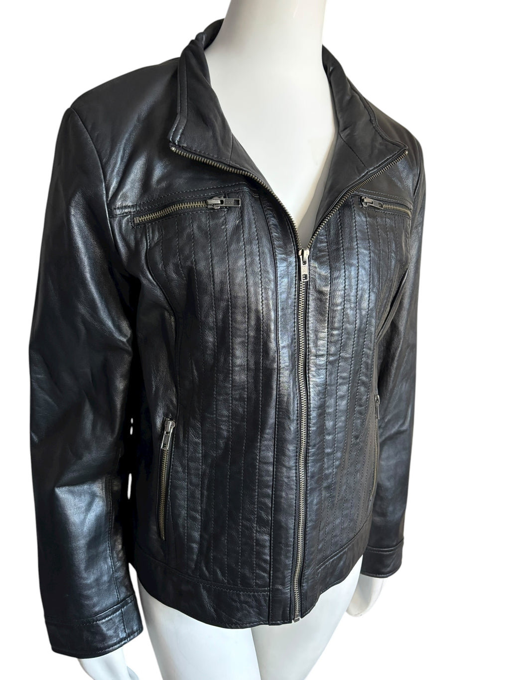 DANIER Black Genuine Leather Moto Jacket Zip Pockets Detailed Stitching Size L
