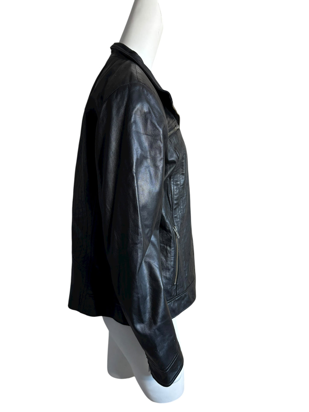 DANIER Black Genuine Leather Moto Jacket Zip Pockets Detailed Stitching Size L