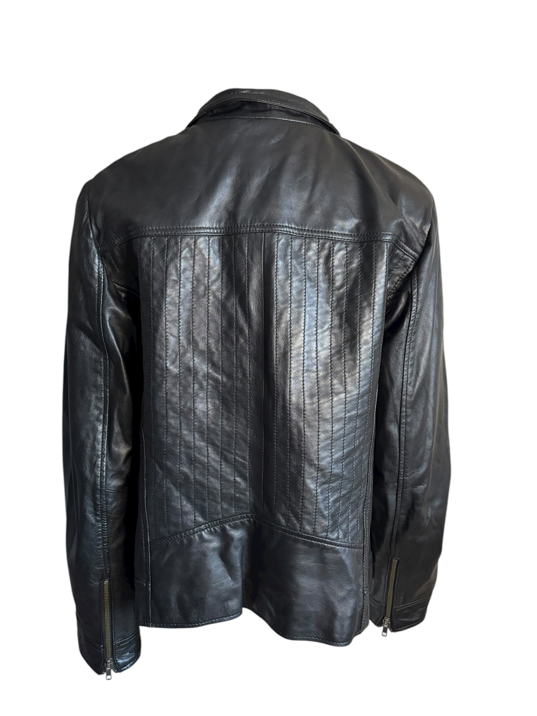 DANIER Black Genuine Leather Moto Jacket Zip Pockets Detailed Stitching Size L