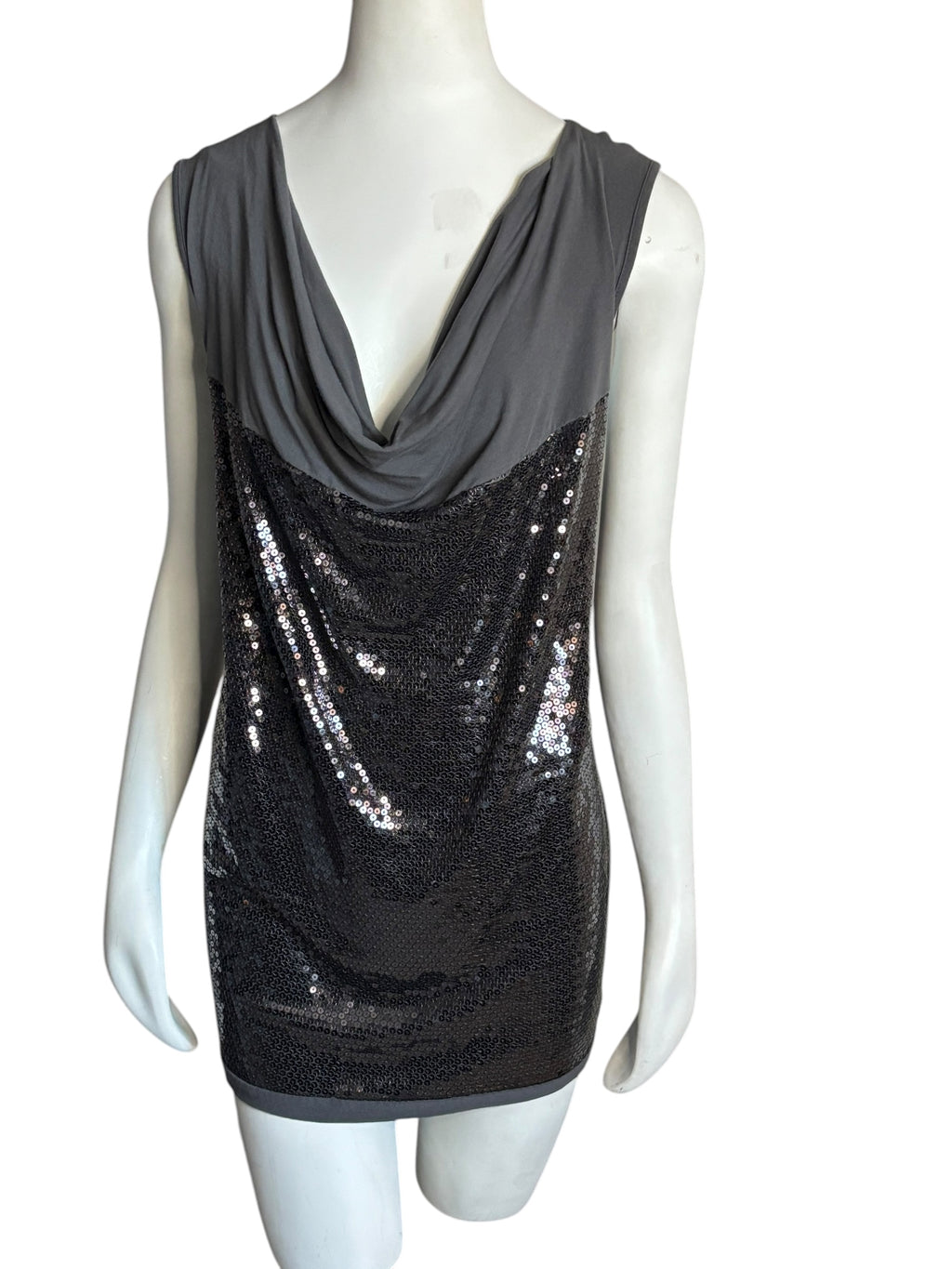 Sparkle Glam Sequin Cowl Neck Sleeveless Top Charcoal Gray Size 1X