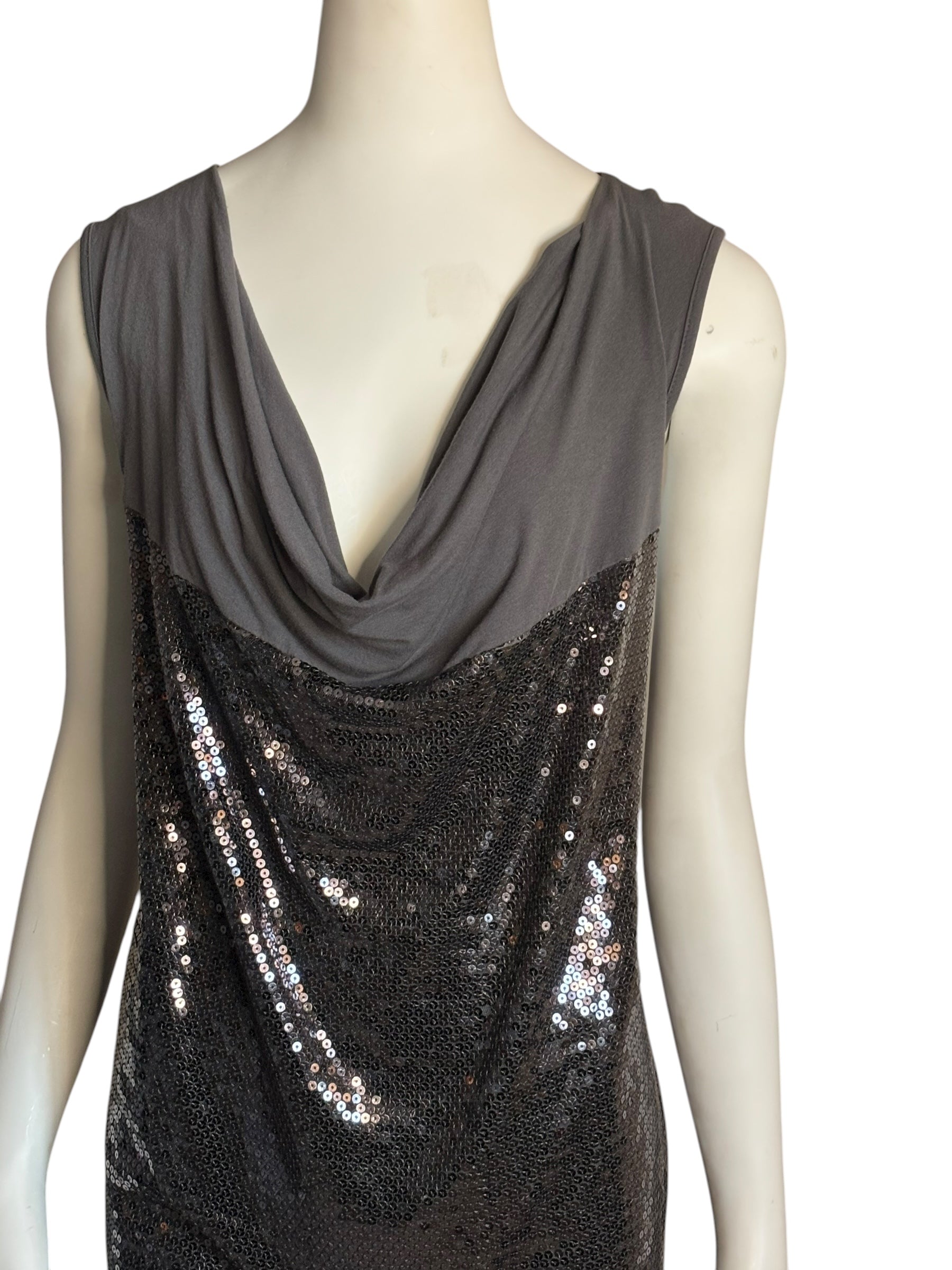 Sparkle Glam Sequin Cowl Neck Sleeveless Top Charcoal Gray Size 1X