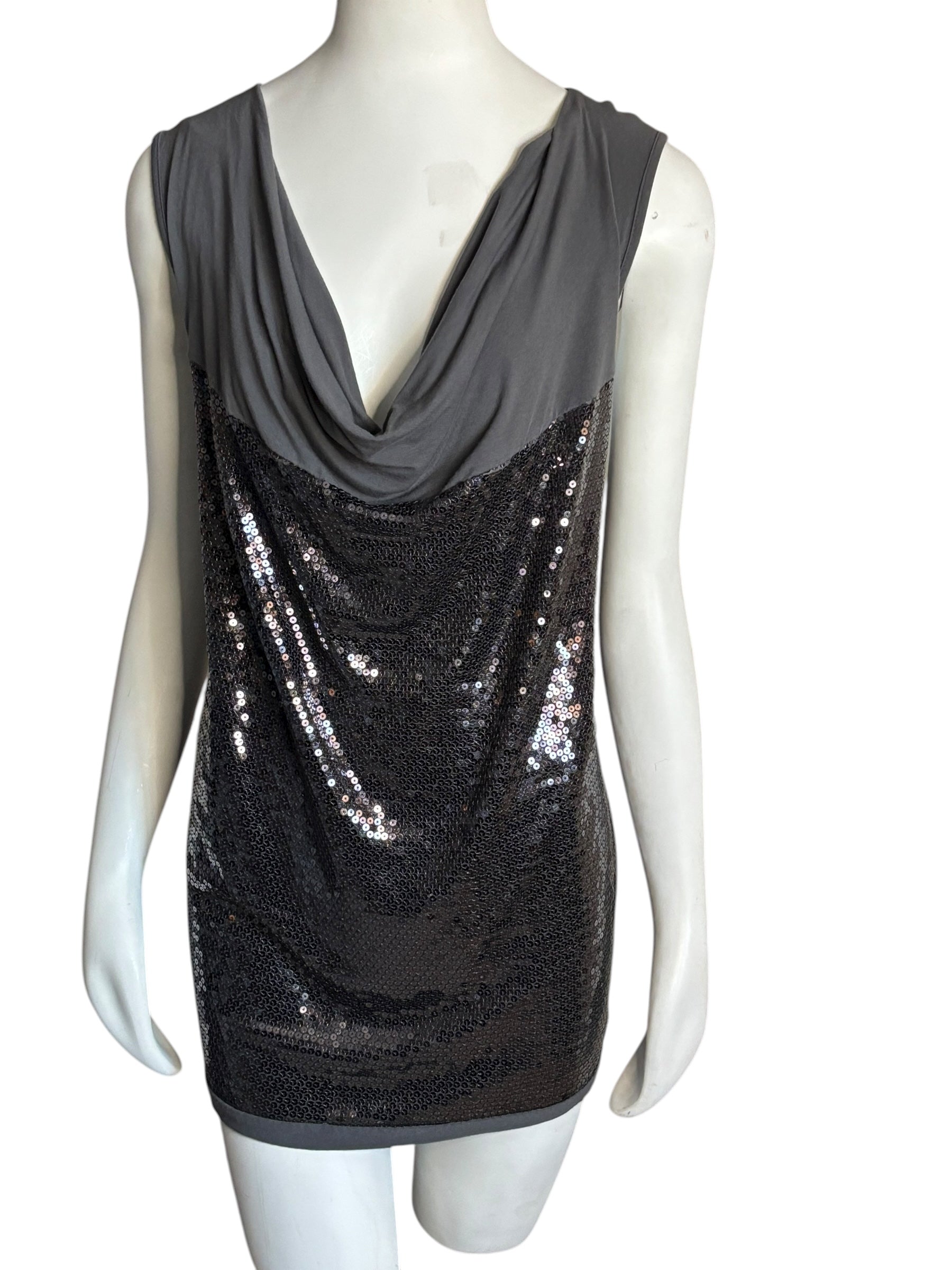 Sparkle Glam Sequin Cowl Neck Sleeveless Top Charcoal Gray Size 1X