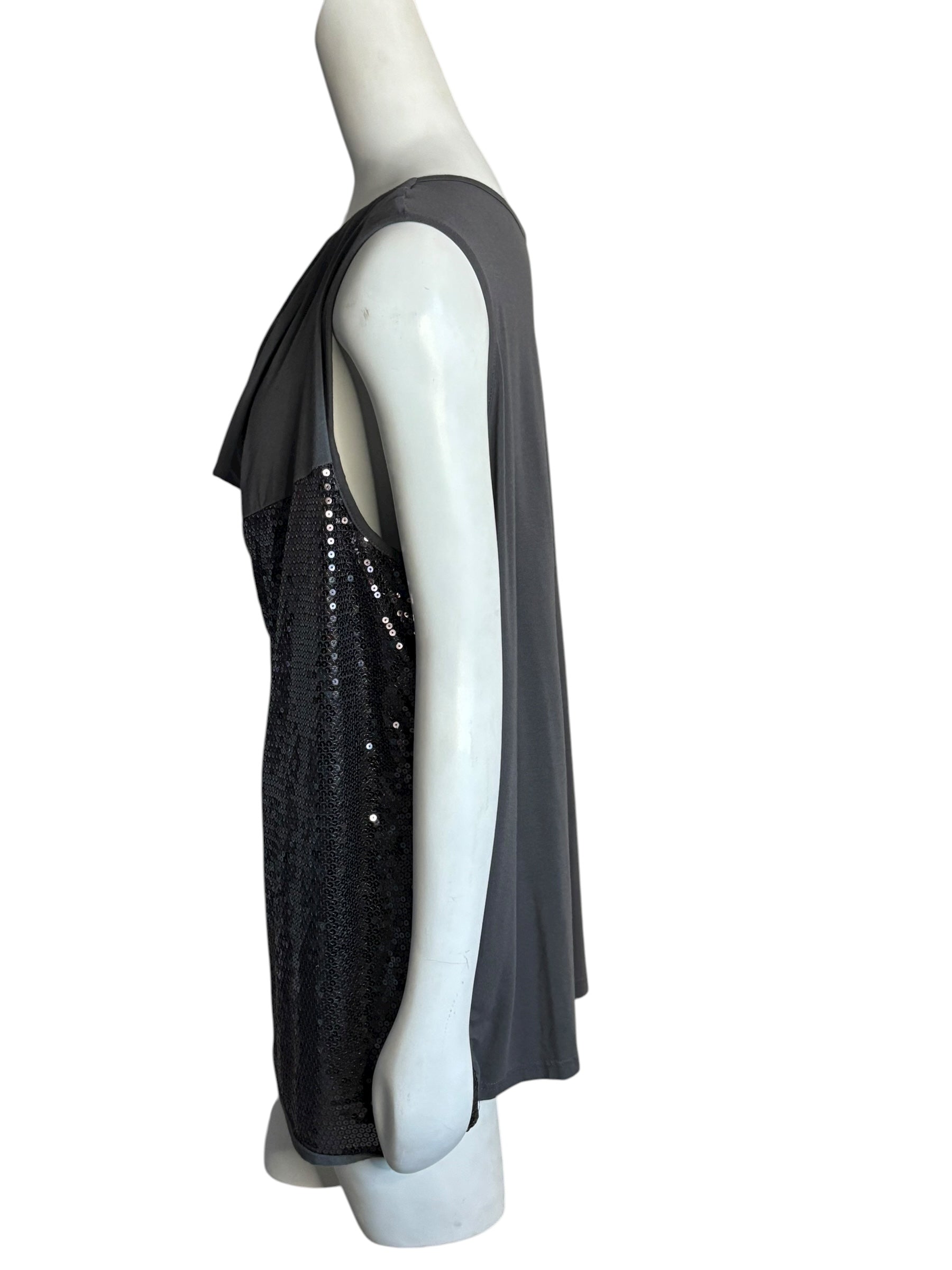 Sparkle Glam Sequin Cowl Neck Sleeveless Top Charcoal Gray Size 1X