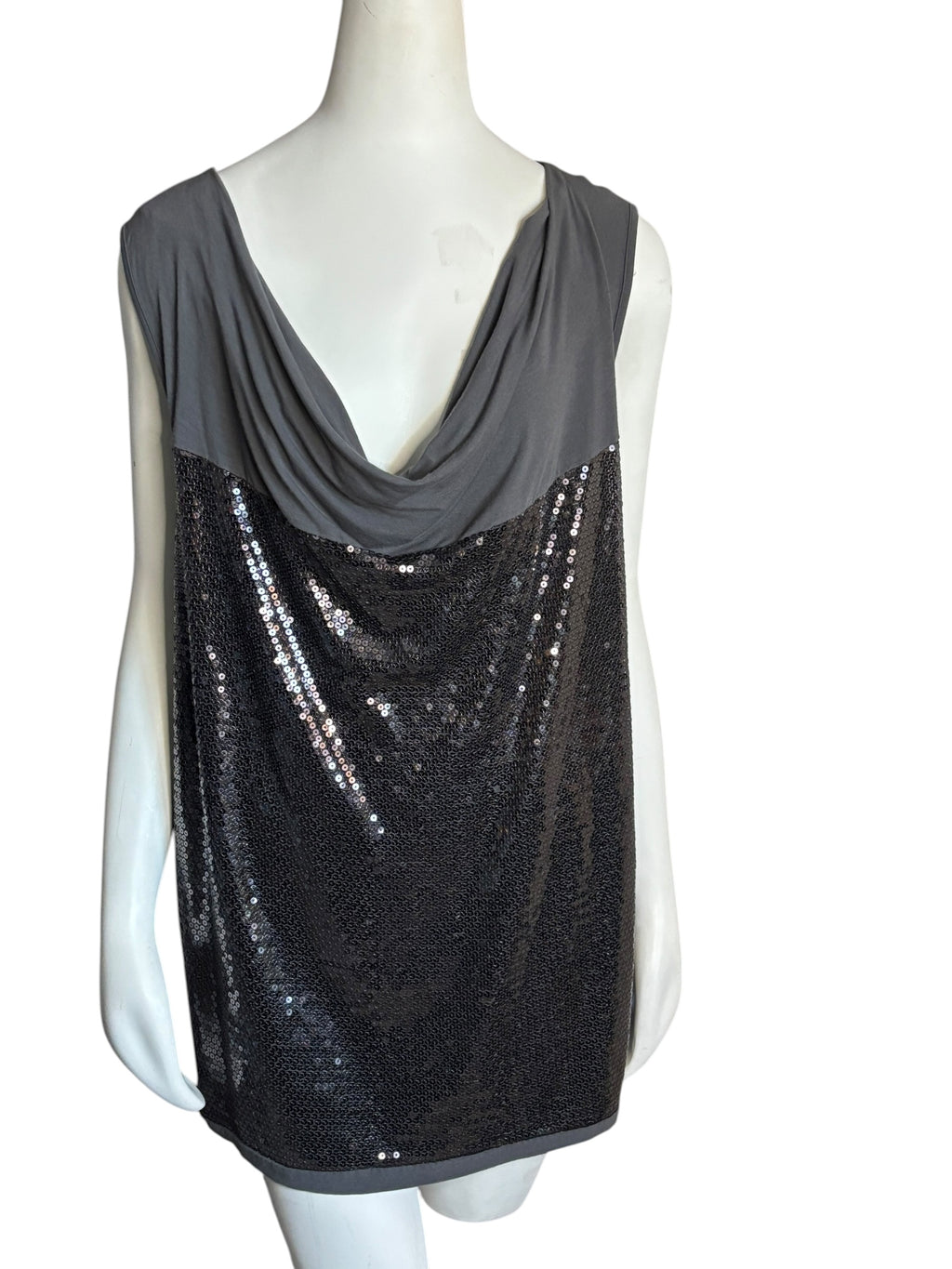 Sparkle Glam Sequin Cowl Neck Sleeveless Top Charcoal Gray Size 1X