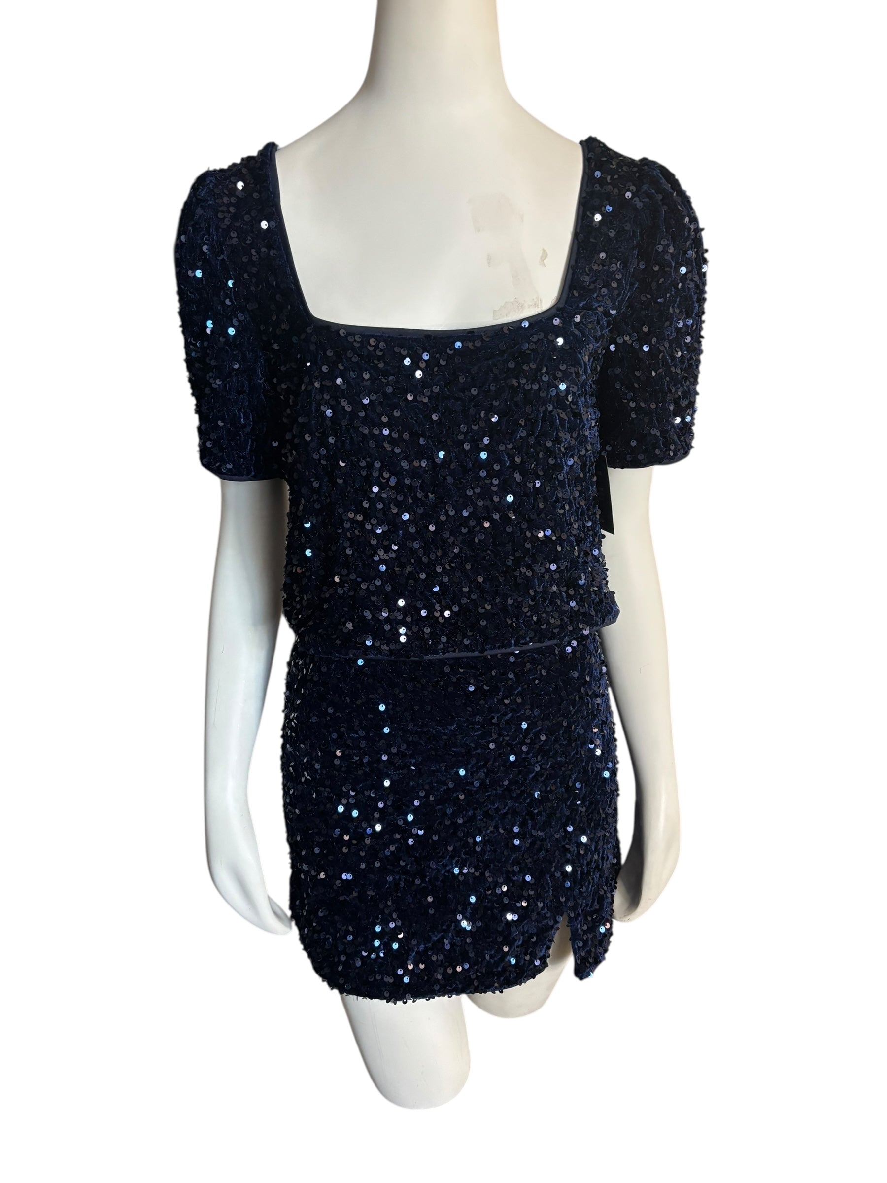Lulus Navy Blue Sequin Puff Sleeve Mini Skirt & Square Neck Top Party Size Large