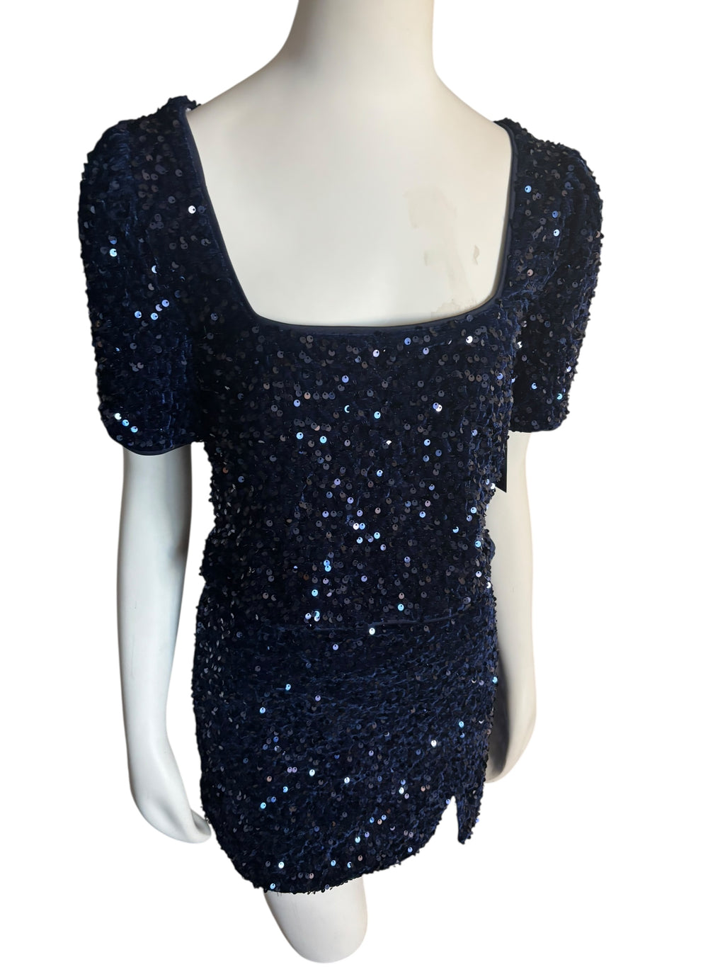 Lulus Navy Blue Sequin Puff Sleeve Mini Skirt & Square Neck Top Party Size Large