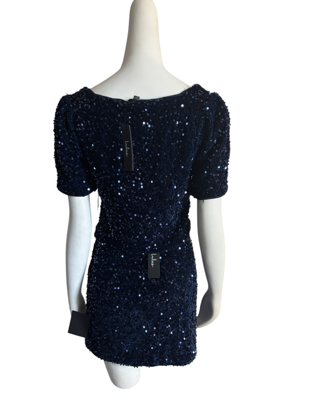 Lulus Navy Blue Sequin Puff Sleeve Mini Skirt & Square Neck Top Party Size Large