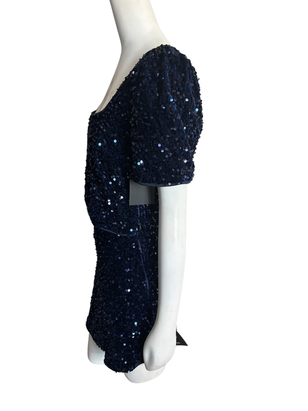 Lulus Navy Blue Sequin Puff Sleeve Mini Skirt & Square Neck Top Party Size Large