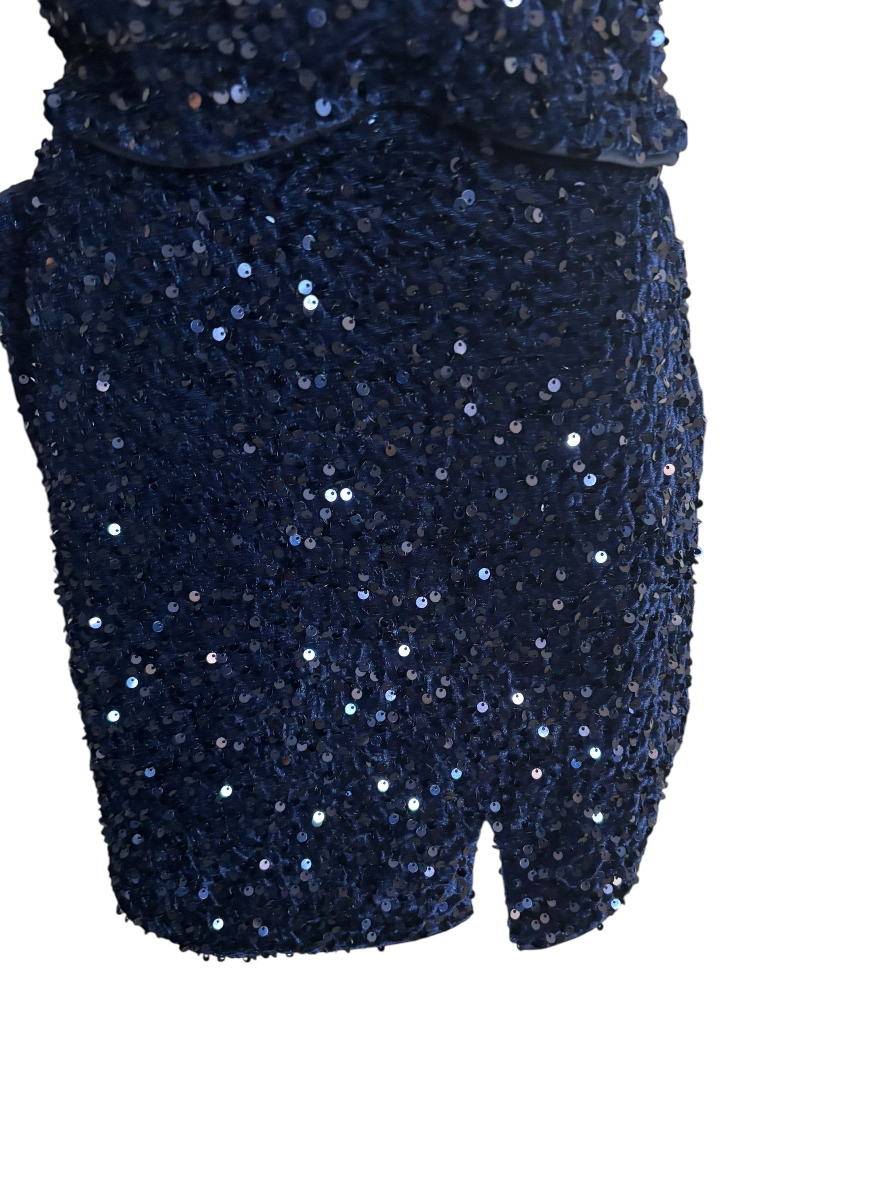 Lulus Navy Blue Sequin Puff Sleeve Mini Skirt & Square Neck Top Party Size Large