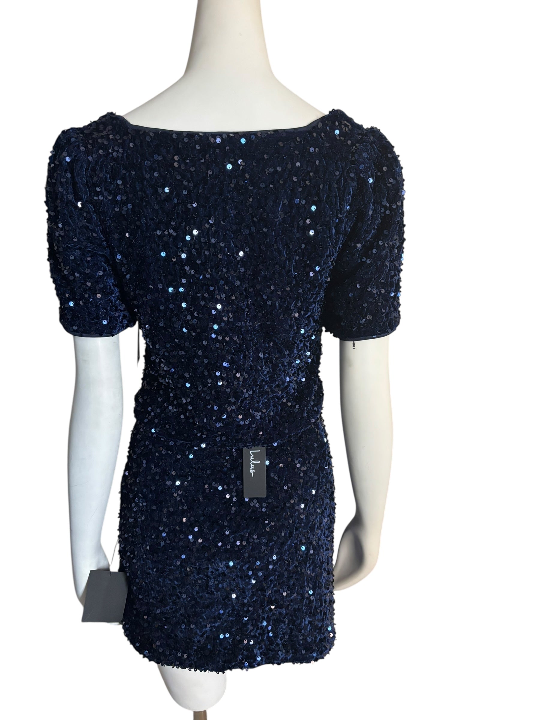 Lulus Navy Blue Sequin Puff Sleeve Mini Skirt & Square Neck Top Party Size Large