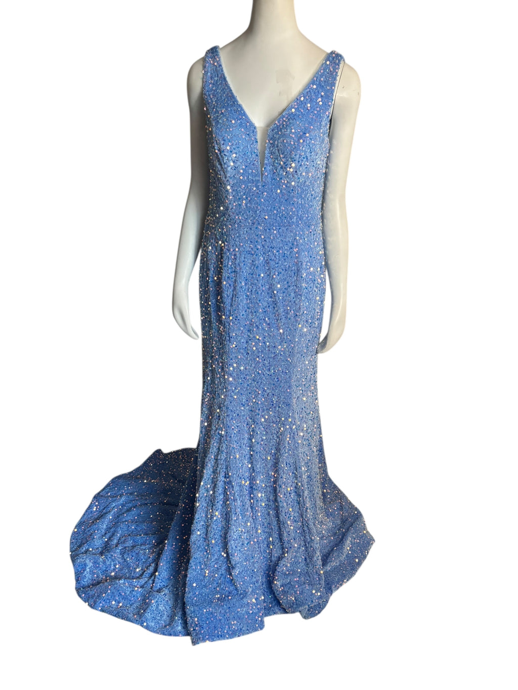 Sparkling Blue Sequin Mermaid Gown V Neck Train Formal Evening Dress Size 14