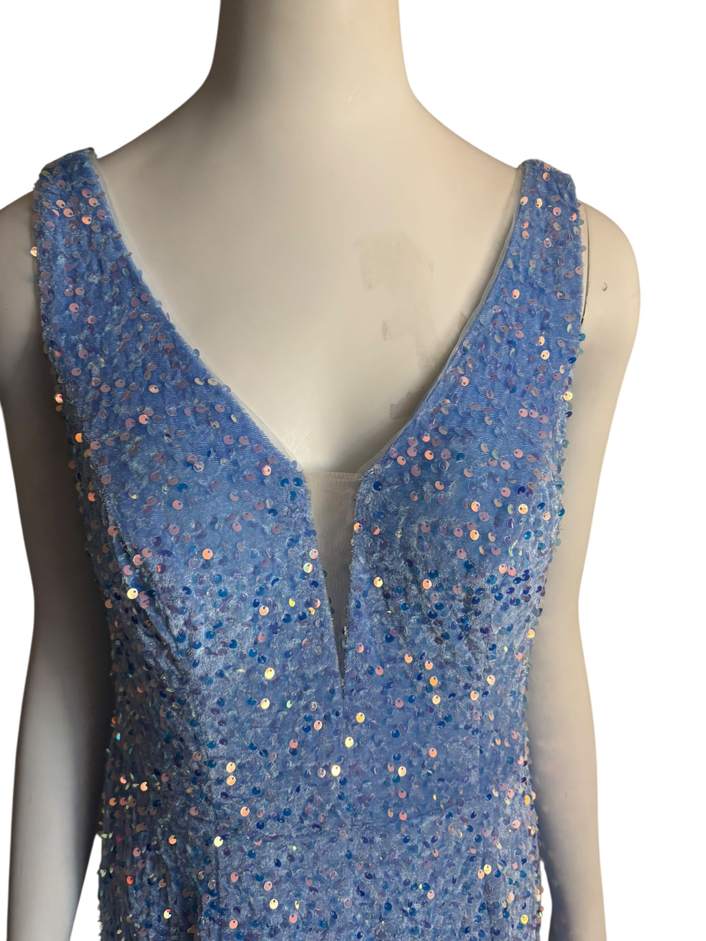 Sparkling Blue Sequin Mermaid Gown V Neck Train Formal Evening Dress Size 14