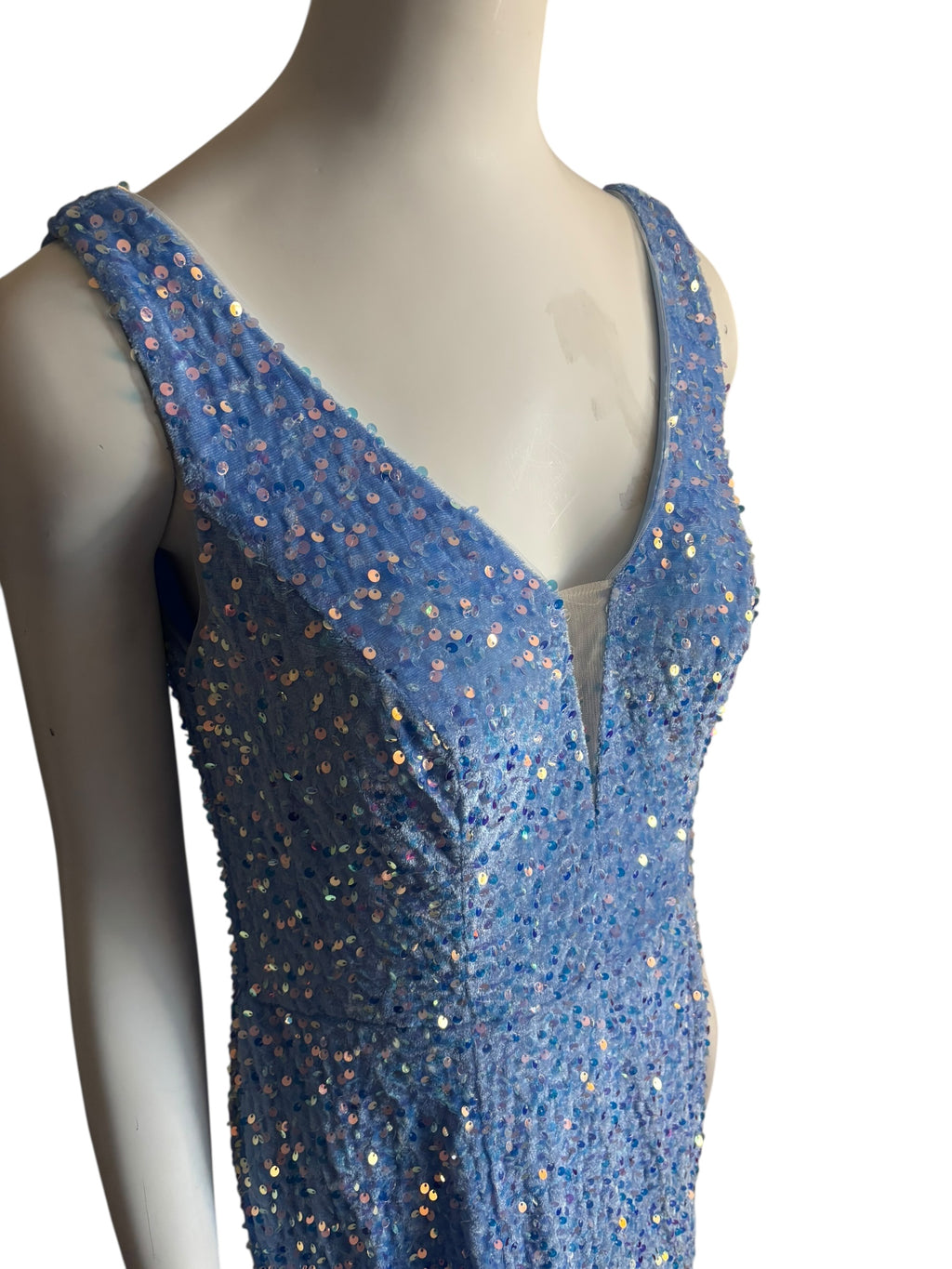 Sparkling Blue Sequin Mermaid Gown V Neck Train Formal Evening Dress Size 14