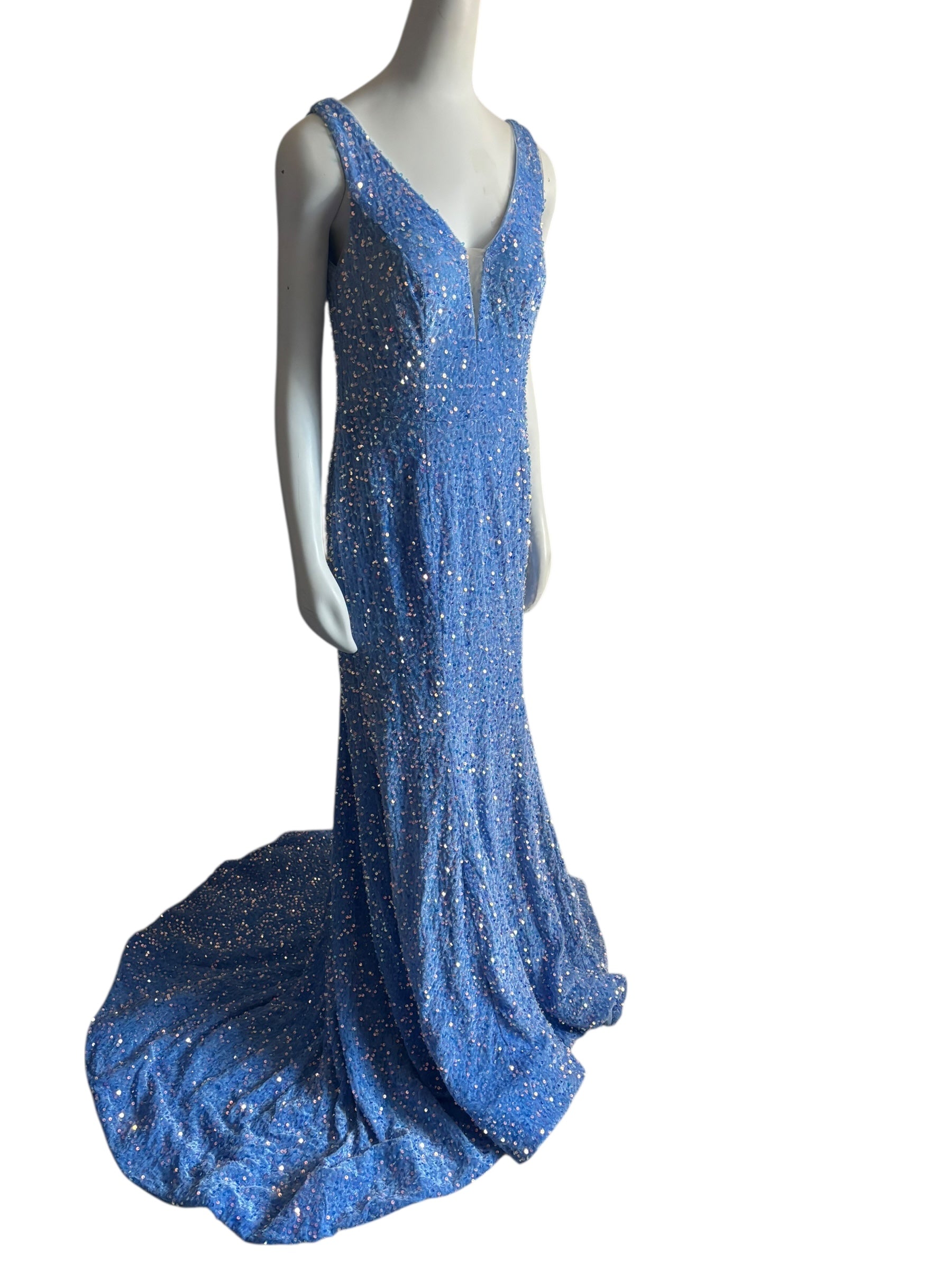 Sparkling Blue Sequin Mermaid Gown V Neck Train Formal Evening Dress Size 14