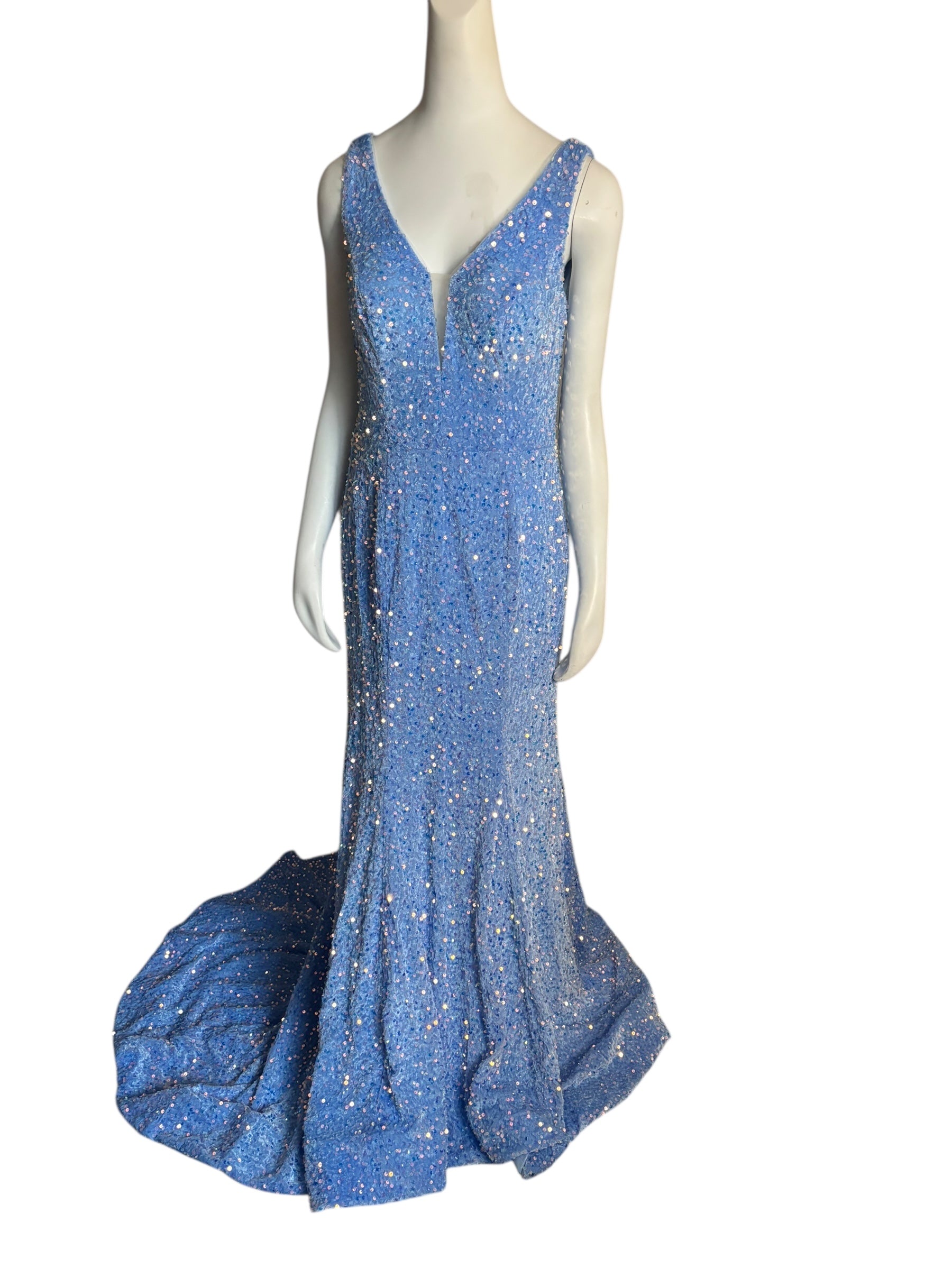 Sparkling Blue Sequin Mermaid Gown V Neck Train Formal Evening Dress Size 14
