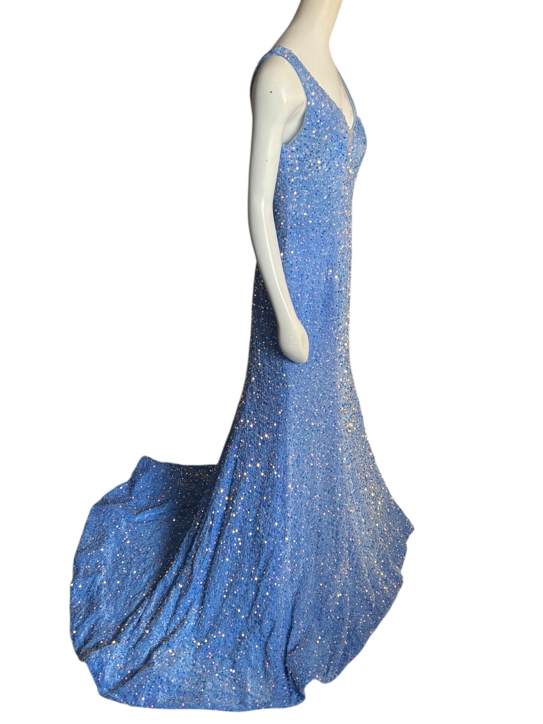 Sparkling Blue Sequin Mermaid Gown V Neck Train Formal Evening Dress Size 14