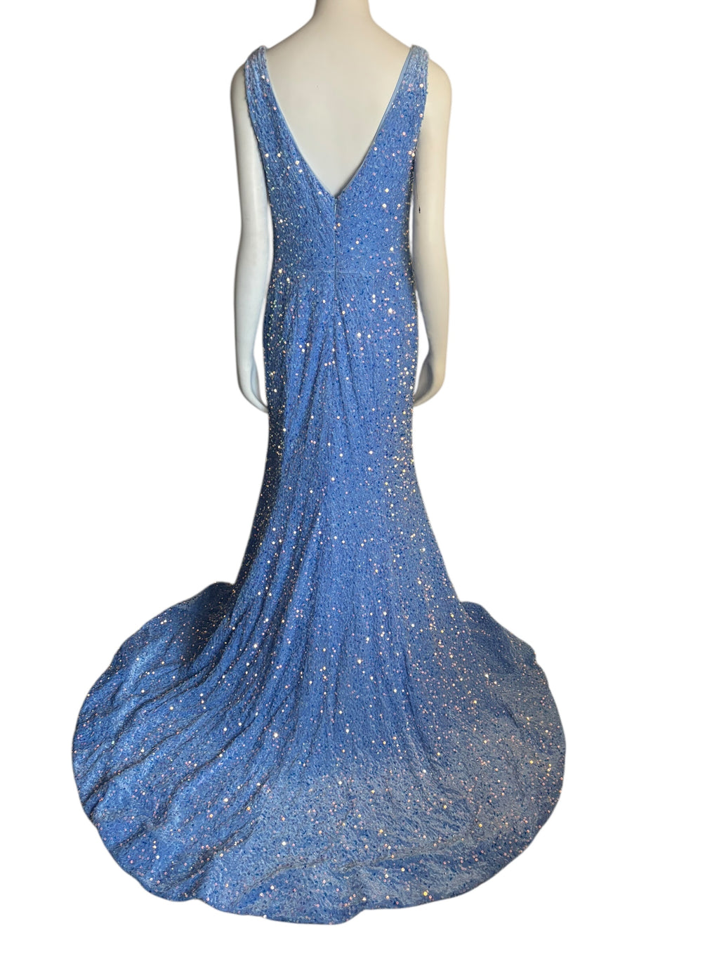Sparkling Blue Sequin Mermaid Gown V Neck Train Formal Evening Dress Size 14