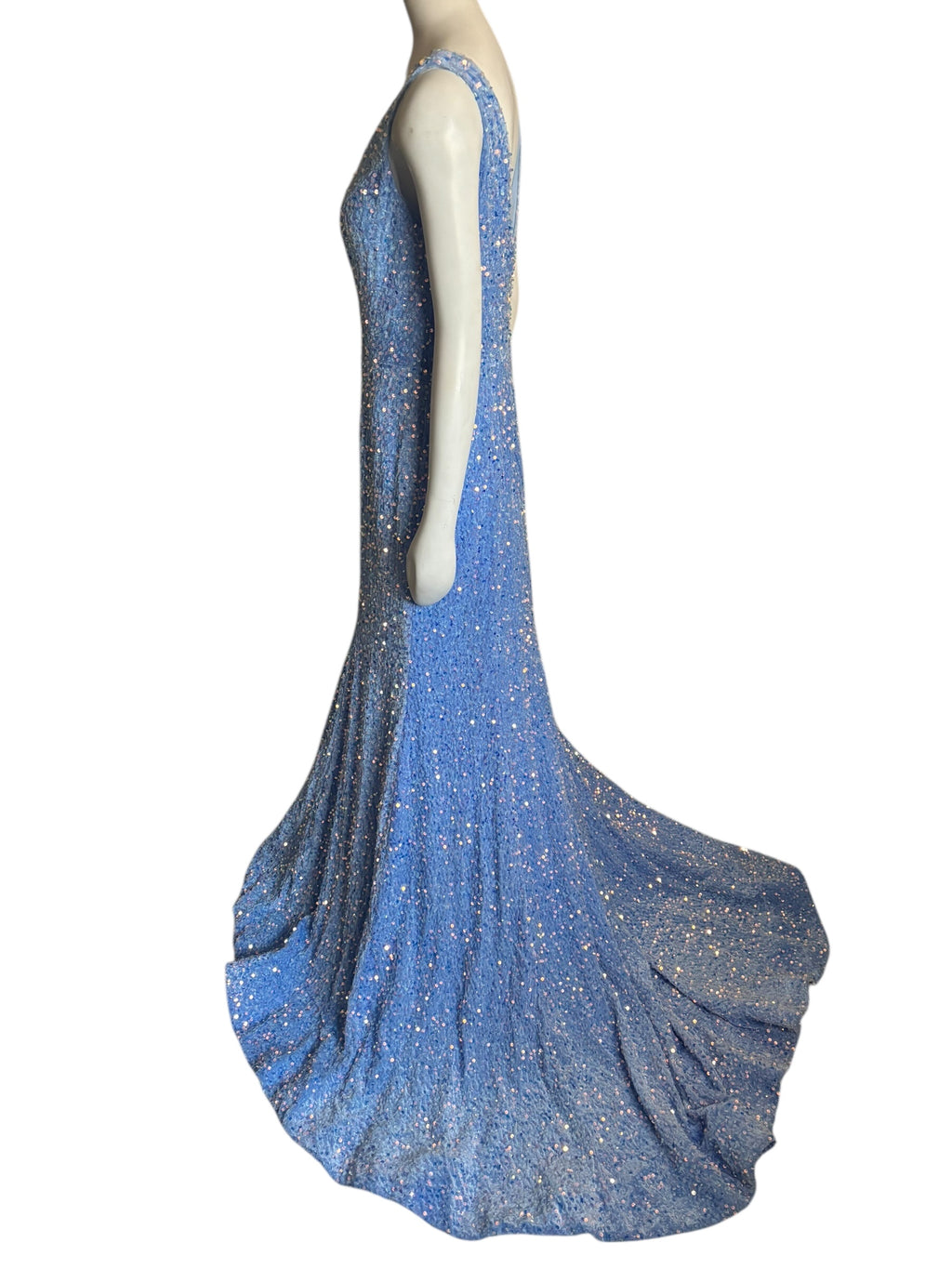 Sparkling Blue Sequin Mermaid Gown V Neck Train Formal Evening Dress Size 14