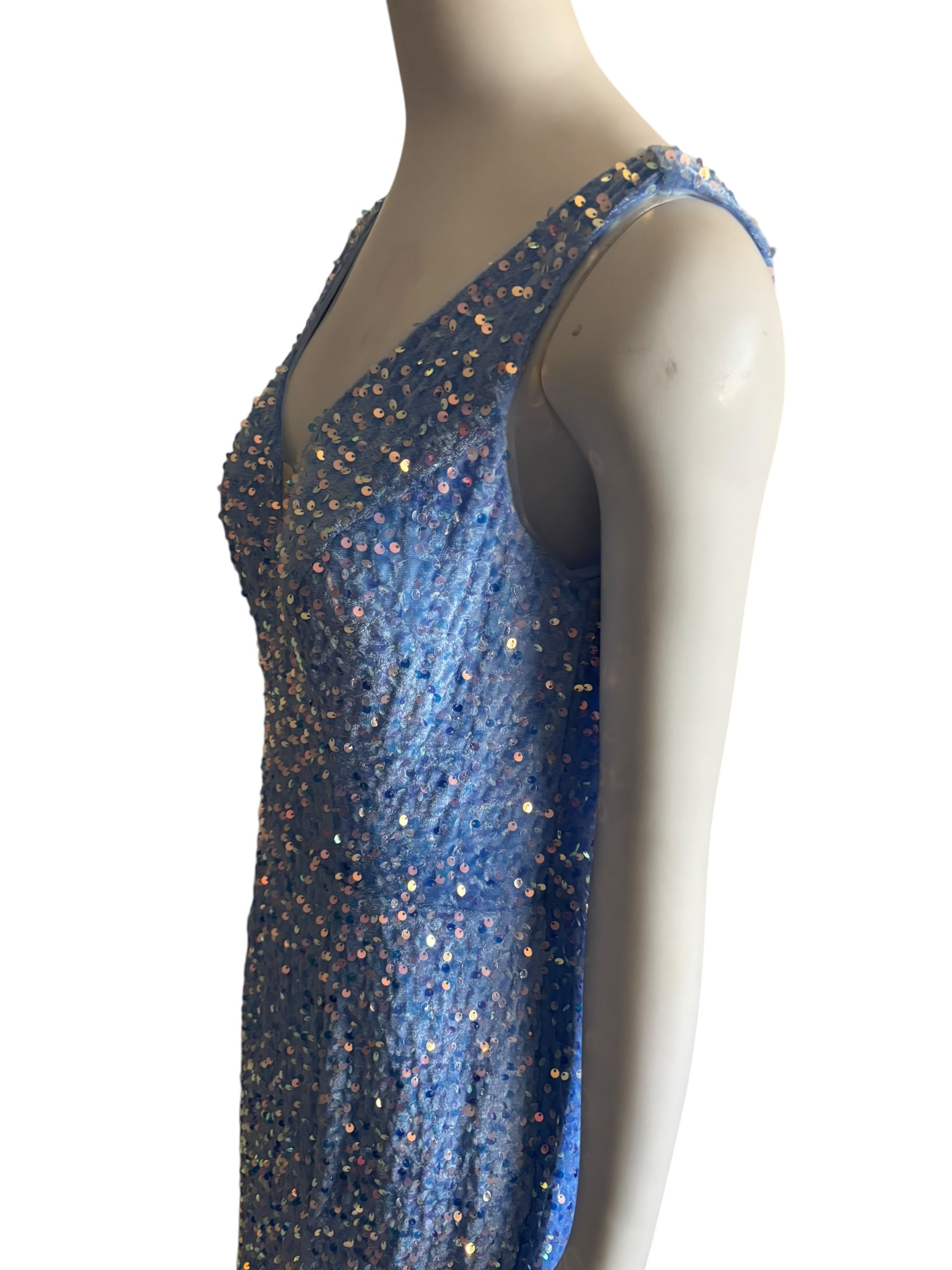 Sparkling Blue Sequin Mermaid Gown V Neck Train Formal Evening Dress Size 14