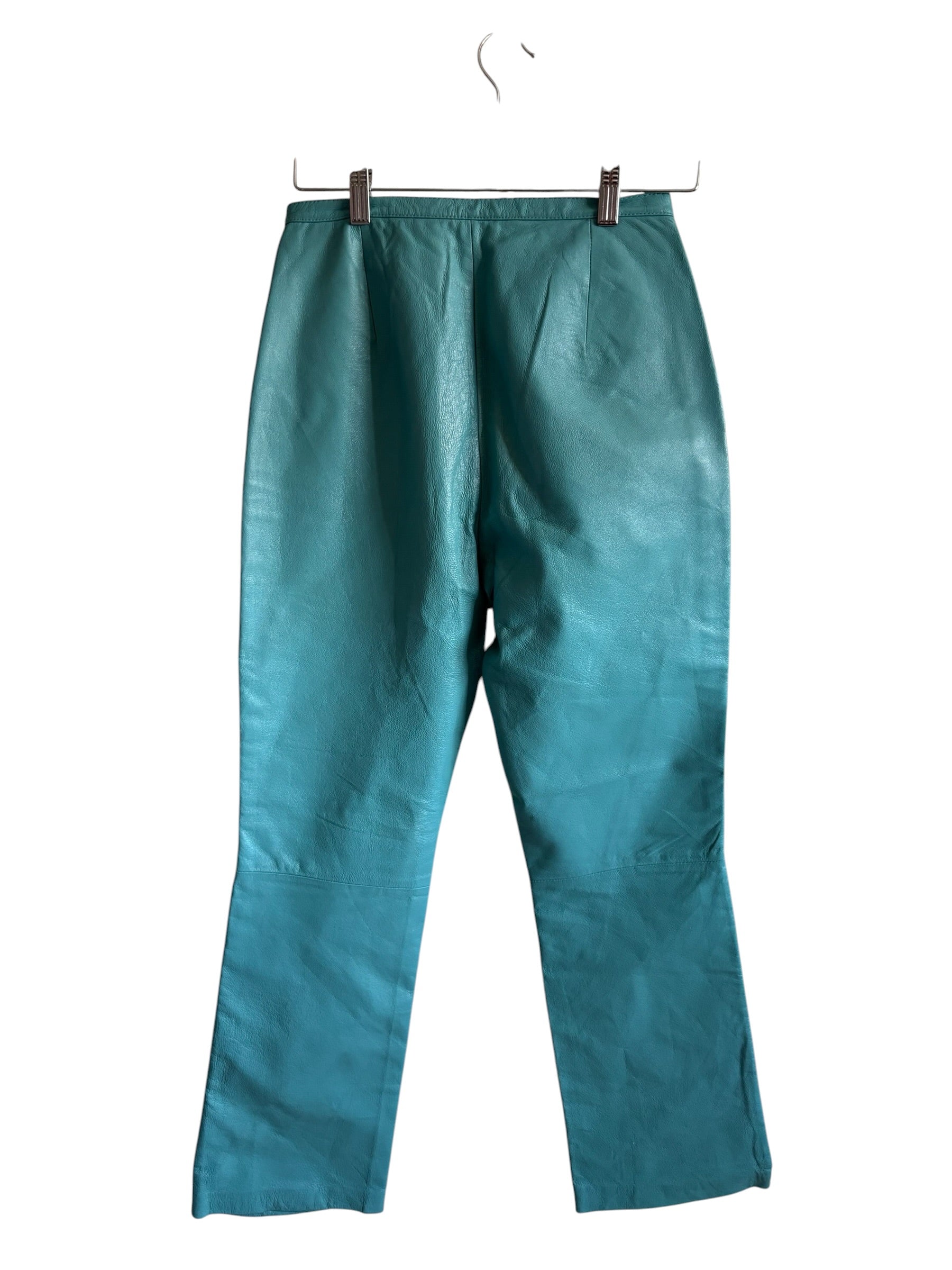 Vintage Newport News Teal Turquoise Leather Pants High Waisted Straight Leg 8