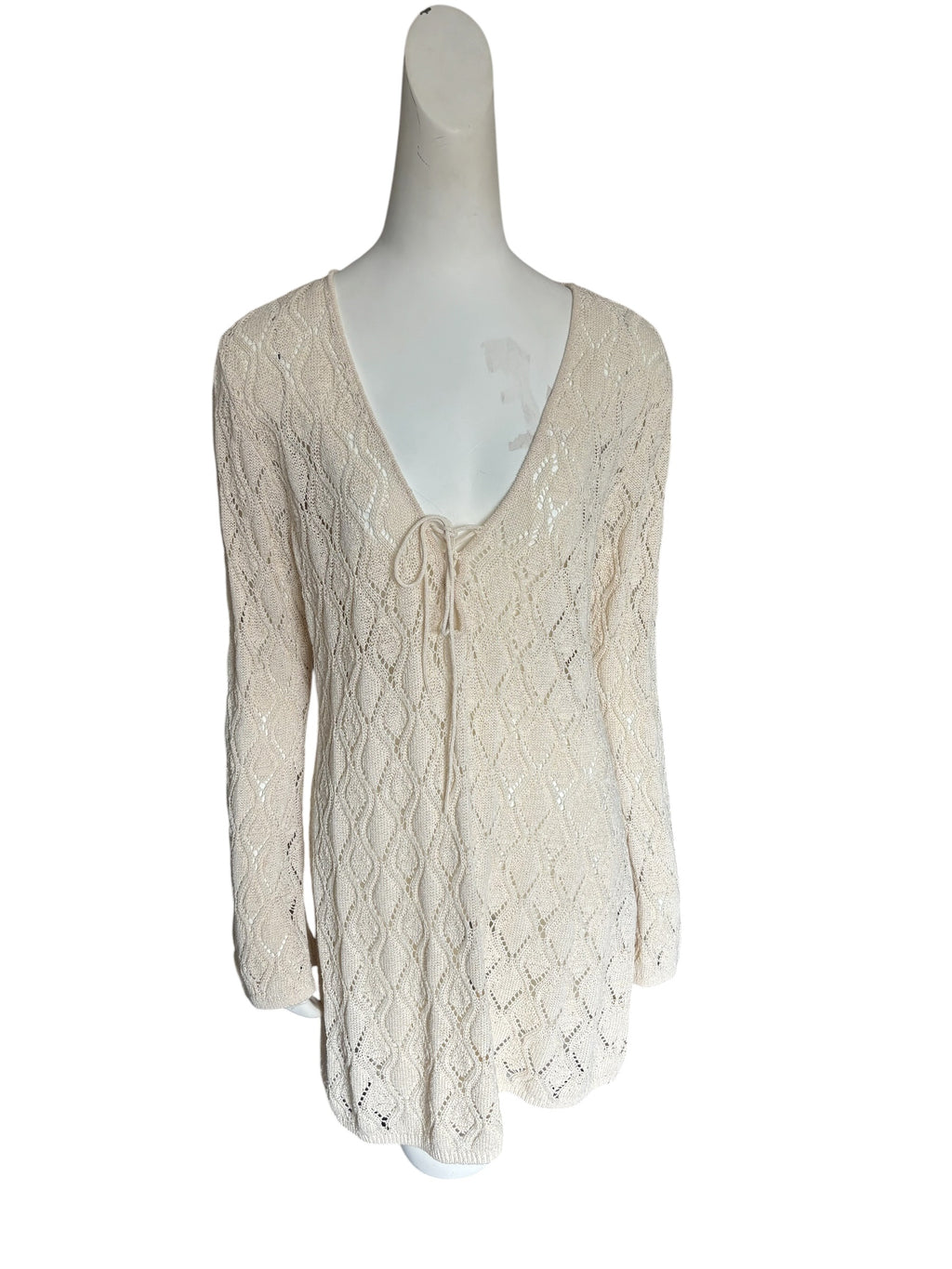 H&M Beachwear Cream Crochet Pointelle Knit Tie Front Tunic Cover Up XL NEW