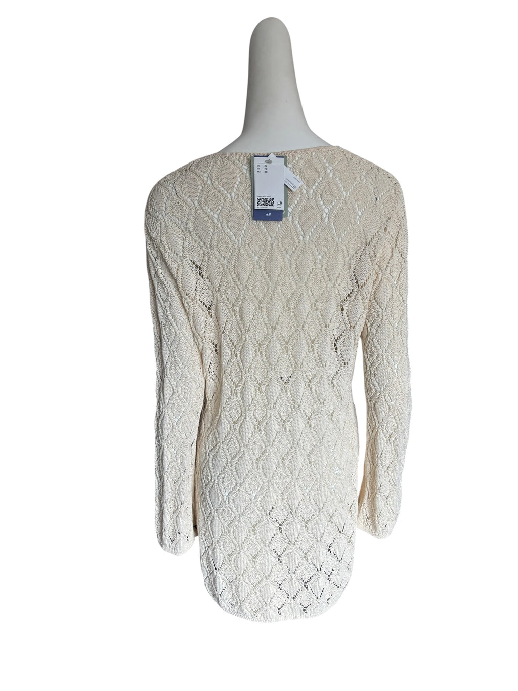 H&M Beachwear Cream Crochet Pointelle Knit Tie Front Tunic Cover Up XL NEW