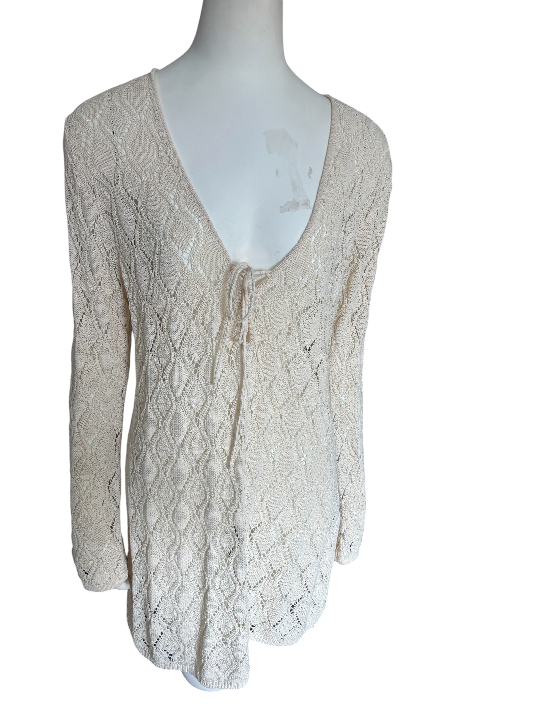 H&M Beachwear Cream Crochet Pointelle Knit Tie Front Tunic Cover Up XL NEW