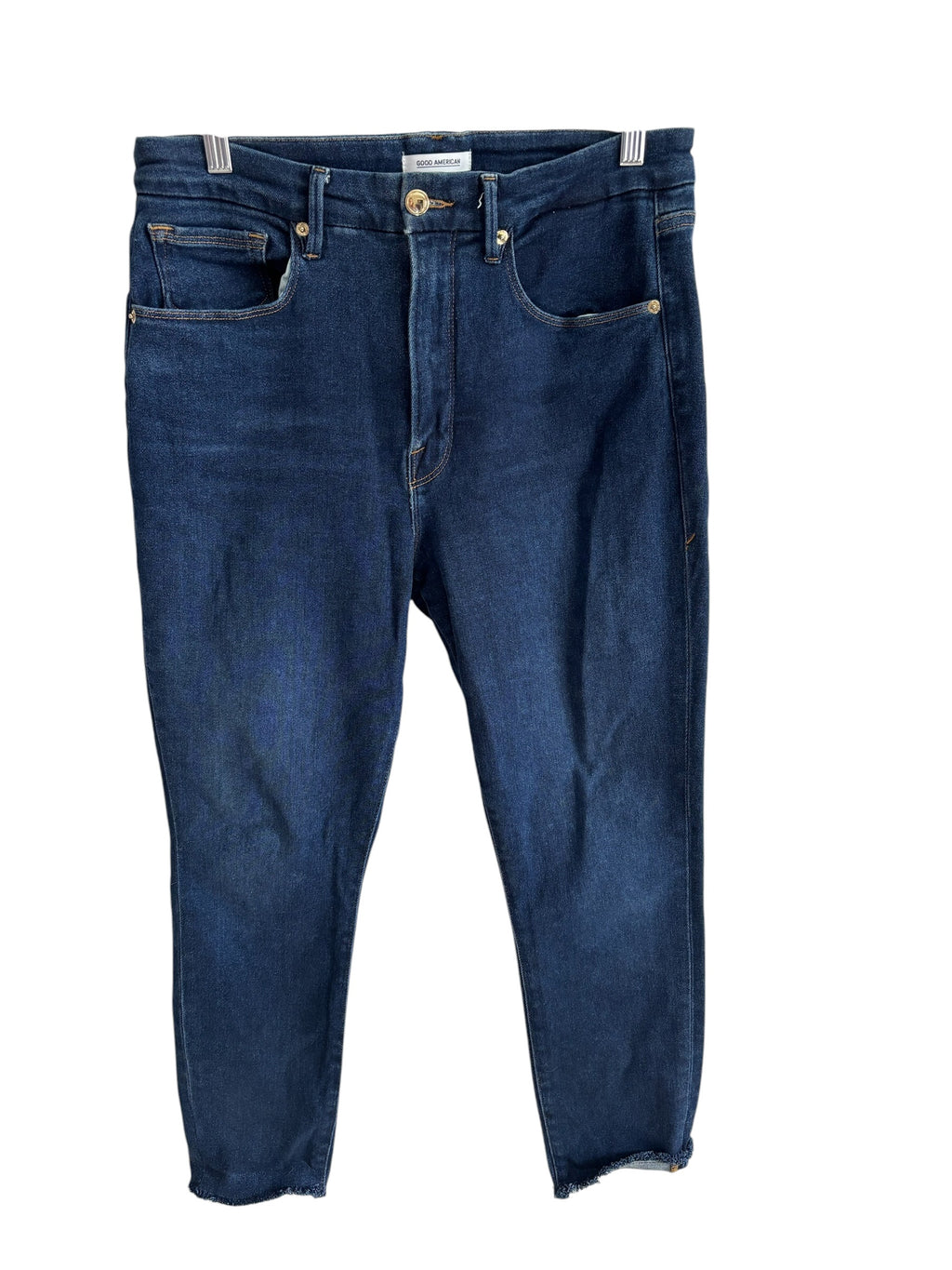Good American Good Waist High Rise Skinny Jeans Blue Raw Hem GWFH941T Size 14/32